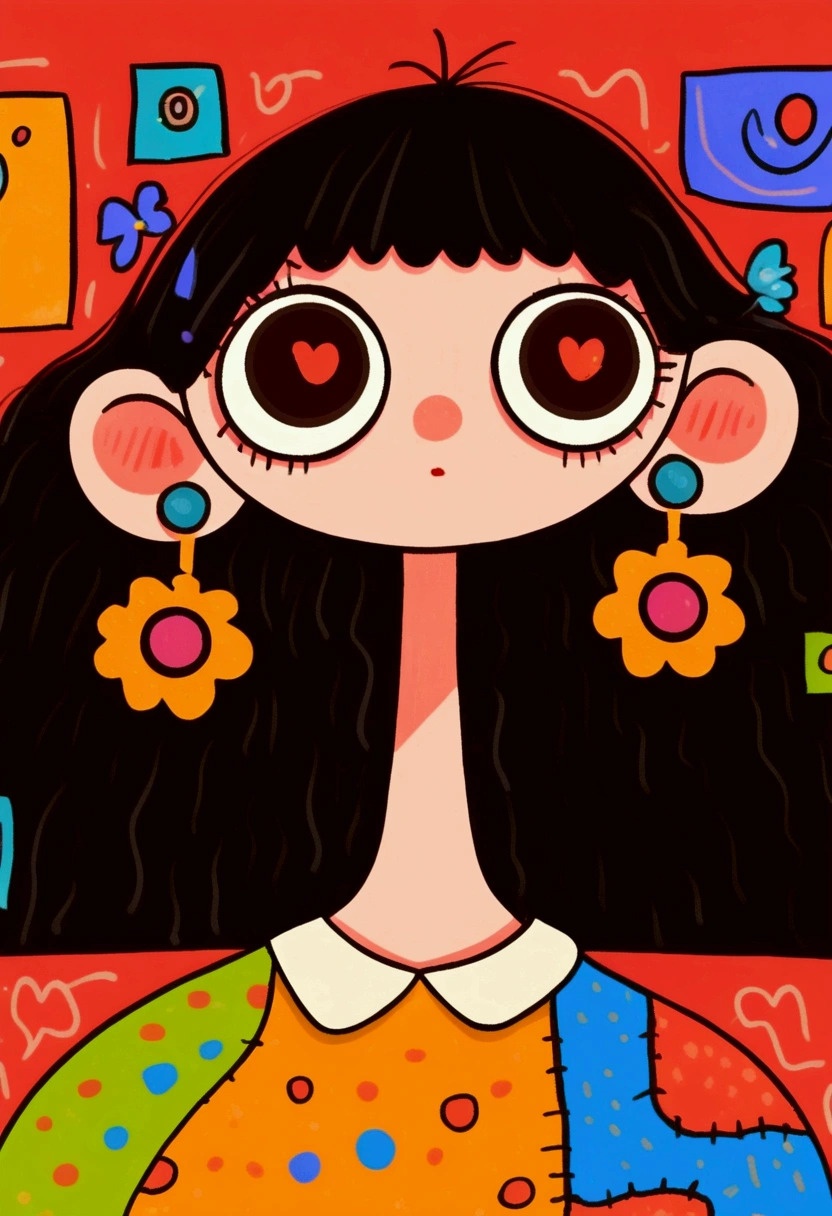 Flat wind，vector， childish art cartoon ，cute girl with big black earrings,Big eyes，Round eyes，Red Nose， Lovely Expressions ，Bangs，Minimalism，Blouse with a large collar，piece together，Lovely art style,  colorful ! Digital illustration style, The Art of Mathematics.  colorful  comic,   hand drawn cartoon art style  ， solid color background，Black Line