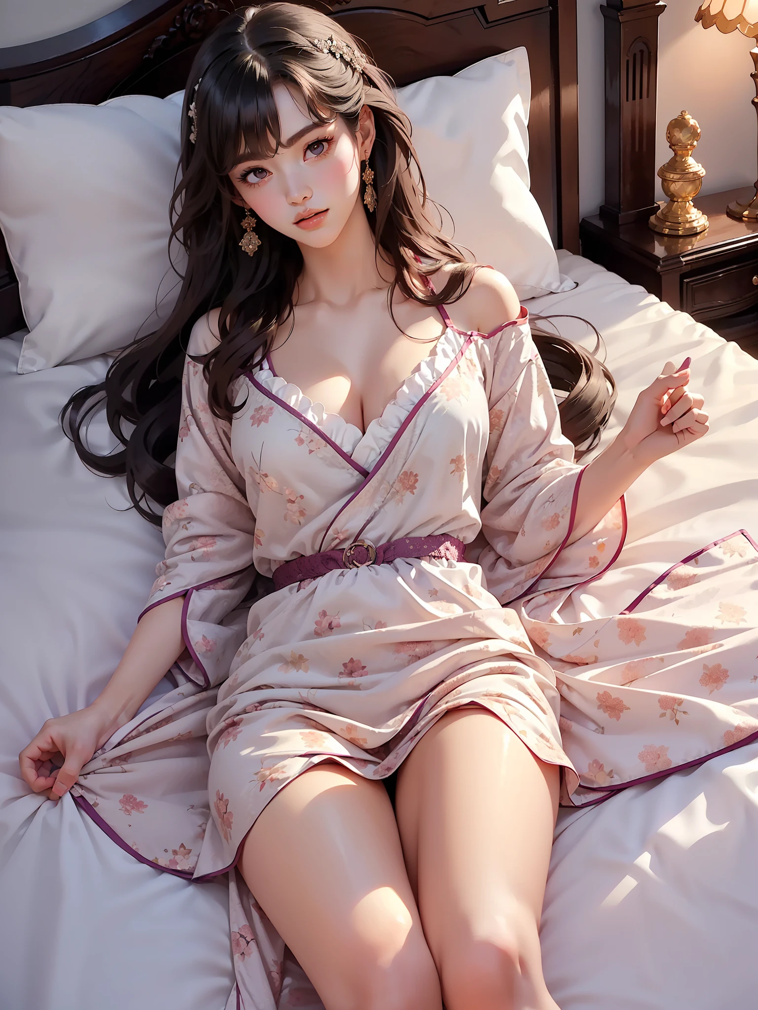 nogizaka_costume , ((full body)), pantyhose,floral print,print legwear, (Asian beauty: 1.3), girl, solo, ((lying on bed: 1.4)), (relaxed pose on bed: 1.3), ((white sheets: 1.2)), (soft mattress: 1.1), (creased bedding: 1.2), (very short hemline), (Big eyes cute girl), (toned body: 1.2), (naturally large breasts: 1.1), (visible cleavage: 0.8), (smooth flawless skin: 1.2), (perfect anatomical proportions: 1.3), (anatomically correct legs: 1.3), (elegantly long legs: 1.3), (comfortable lying pose: 1.3), (a playful girl, one hand running through her long hair, the other hand resting gracefully on the bed), (detailed features: 1.2), (big bright eyes: 1.1), (long eyelashes: 1.1), charming smile, gentle and confident expression, Head slightly tilted on pillow, long flowing hair spread on bed, (bedroom scene: 1.2), (soft bedroom lighting: 1.2), (cozy atmosphere: 1.1), (professional soft light: 1.2), (warm tone: 1.1), (Masterpiece: 1.4), (Super Detail: 1.3), (Sharp focus: 1.2), (Realistic: 1.2), (Hi-Fi: 1.1)