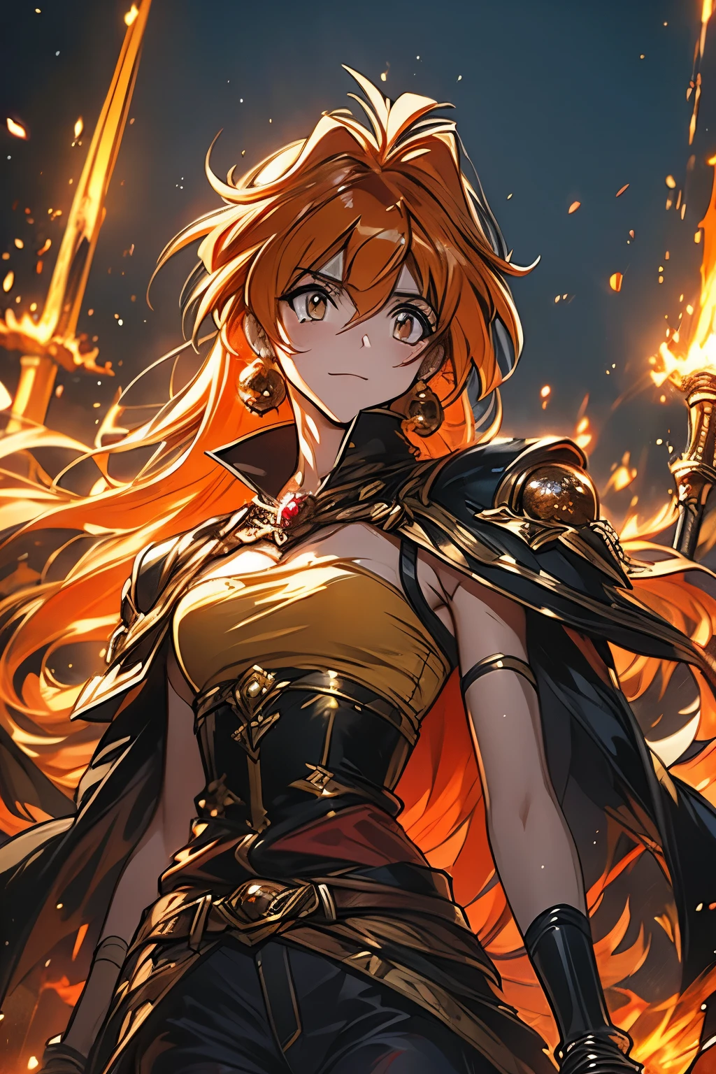 （（（ＳＦＷ、Highest quality、 first class、masterpiece、Normal body、8k、Detailed face、Ultra-precision、Normal hand、Normal finger、Masterpiece）））、-Slayers-、 Reinverse 、Lina Inverse、mage 、Orange Hair、 Ripped Yellow Tube Top、 Torn Red Trousers 、 Tattered Black Cloak 、Broken Black Gold Shoulderpads 、Regretful expression