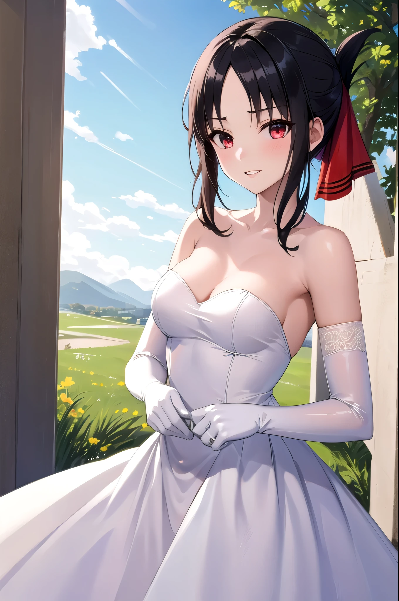 (masterpiece, best quality, detailed), 1girl, solo, shinomiya_kaguya, parted bangs, ribbon, red ribbon, hair ribbon, sidelocks, folded ponytail,  short hair, outdoors, garden, grass, sunlight, day, blue sky, cowboy shot, smirk, parted lips,
bride, wedding dress, bridal veil, strapless dress, elbow gloves