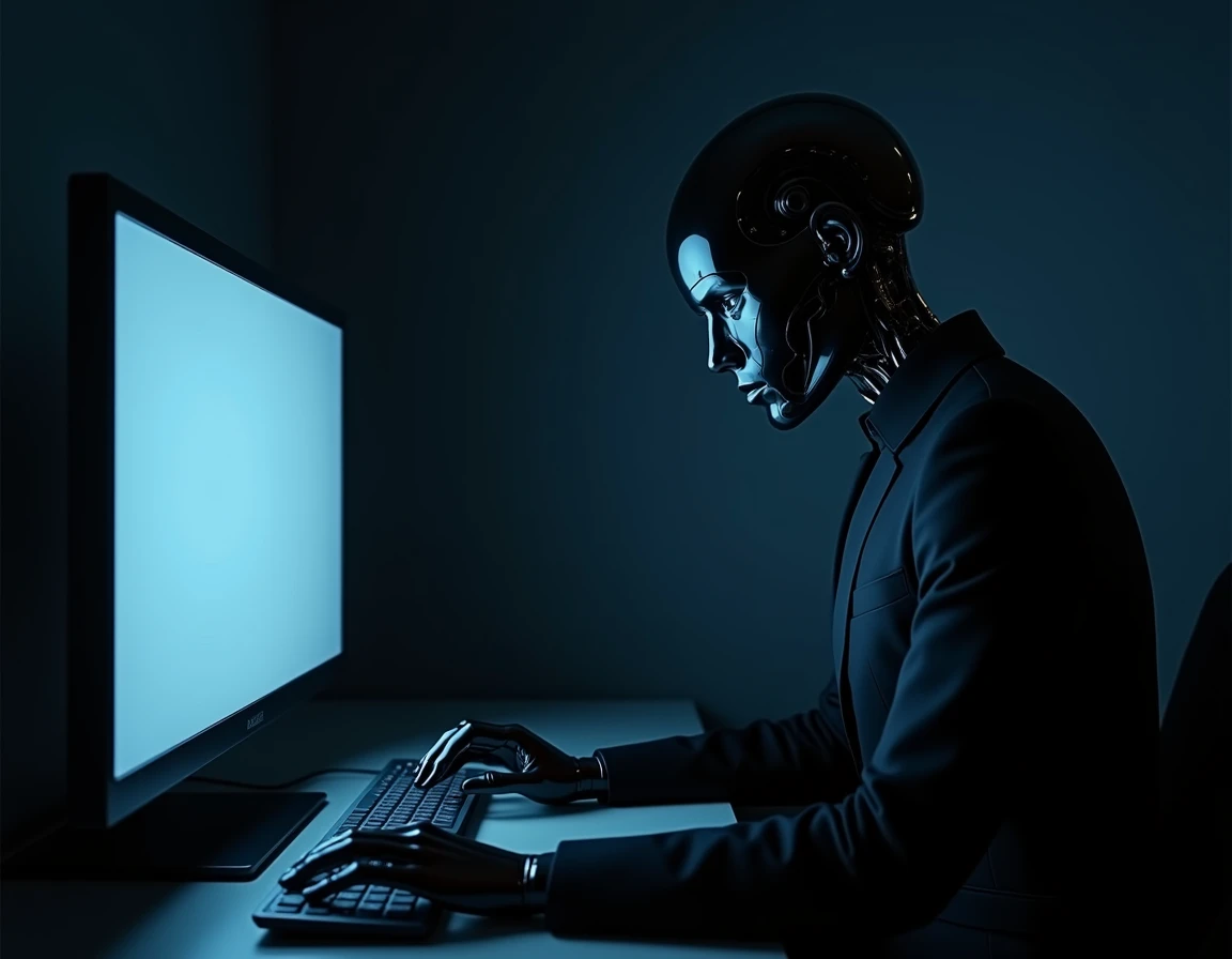 an android in a black suit , writing on a computer,  in a dark room illuminated only by the monitor light