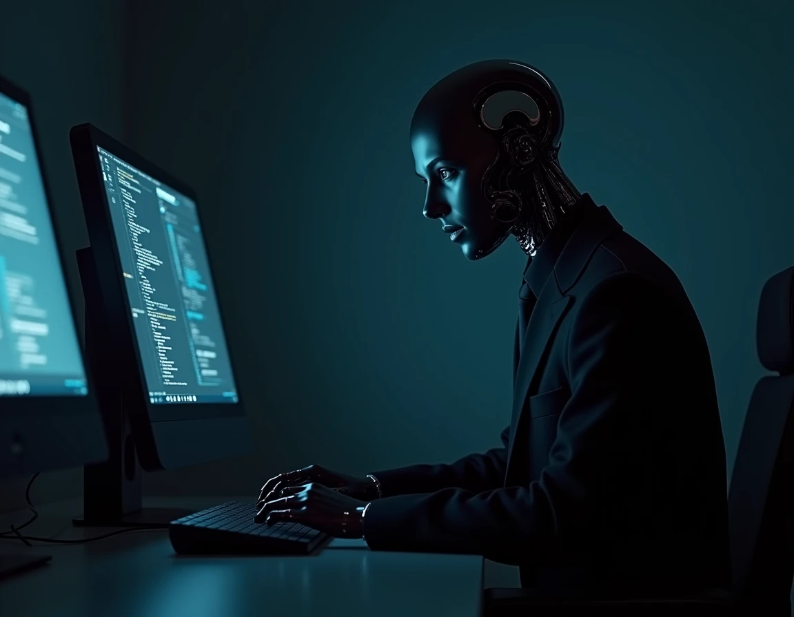 an android in a black suit , writing on a computer,  in a dark room illuminated only by the monitor light