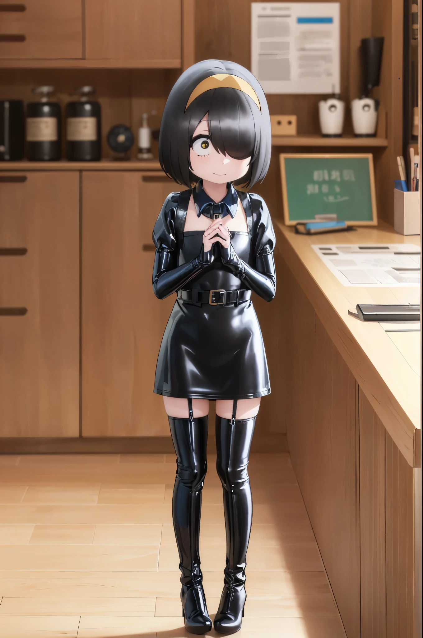 ((( short stature )))、(((Child body type)))、(((Chibi)))、Queen、mistress、(((One girl)))、(((solo:1.8)))、(((Black latex elbow gloves:1.4)))、(((黒いラテックスのコルセットdress:1.4)))、(((コルセットdressは綺麗なレースで飾られています)))、(((ショルダーストラップ付きのコルセットdress)))、((( Black Latex Tight Miniskirt:1.4)))、((( black thigh-high boots :1.4)))、(((Black rubber tights:1.2)))、(((Stiletto heel boots:1.4)))、((( black latex high leg panties )))、(((Black latex bra)))、(((Black leather collar)))、((( sexy pose:1.4 )))、Wide-legged:1.2、((( erotic)))、((( cowboy shot)))、 close-up、((( place both hands on the lower back )))、Beautiful eyes with highlights、Beautiful, smooth skin、Two perfect anatomical arms、Two perfect anatomical legs、(Four perfect fingers and one thumb)、Nishimura akane, has hair on one eye,curly hair, Black Hair ,One personの***,One person, staring _in_audience,apron_dress,Portraiture, embarrassing,,shy, animated screenshot ,Anime Coloring,ribbon,bag,Backpacks,school bag,((( Yellow Headband)))、 evil smile、