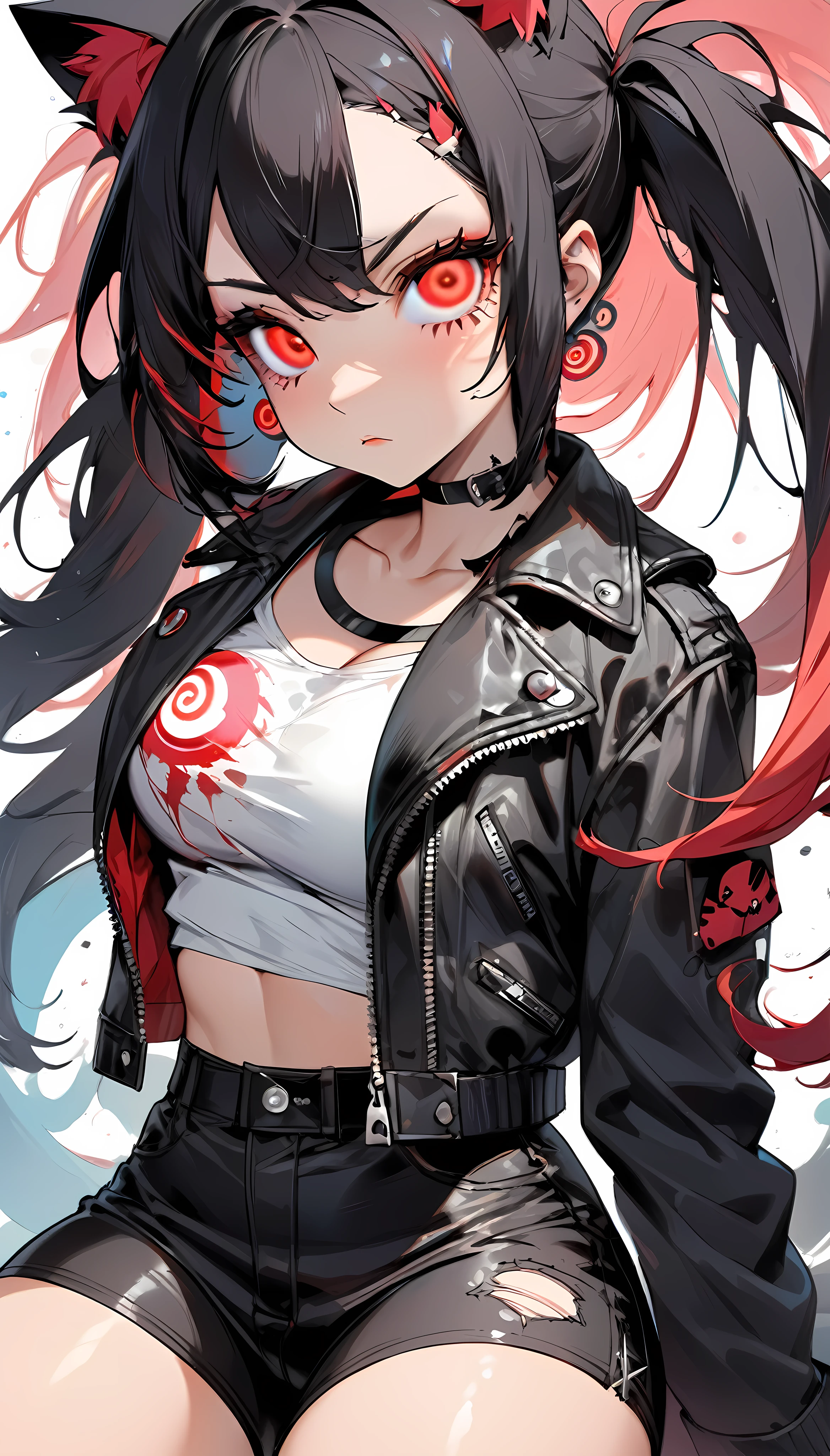  one girl, Alone, punk cat girl, cute, (spiralwash eyes :1.4,  very big red eyes :1.57,  spiraling eyes:1.67), Fluffy Cat Ears , ((Black hair in twin tails)), (( Punk Fashion , Torn clothes, tight black tube top , Traces of being torn , tight black hot pants ,  put on a black leather jacket with your shoulders out)), Soft cleavage,  seductive thighs ,  firm, glossy skin , Tsundere,  stare at you with an expression that makes you want something, shot from avobe ,