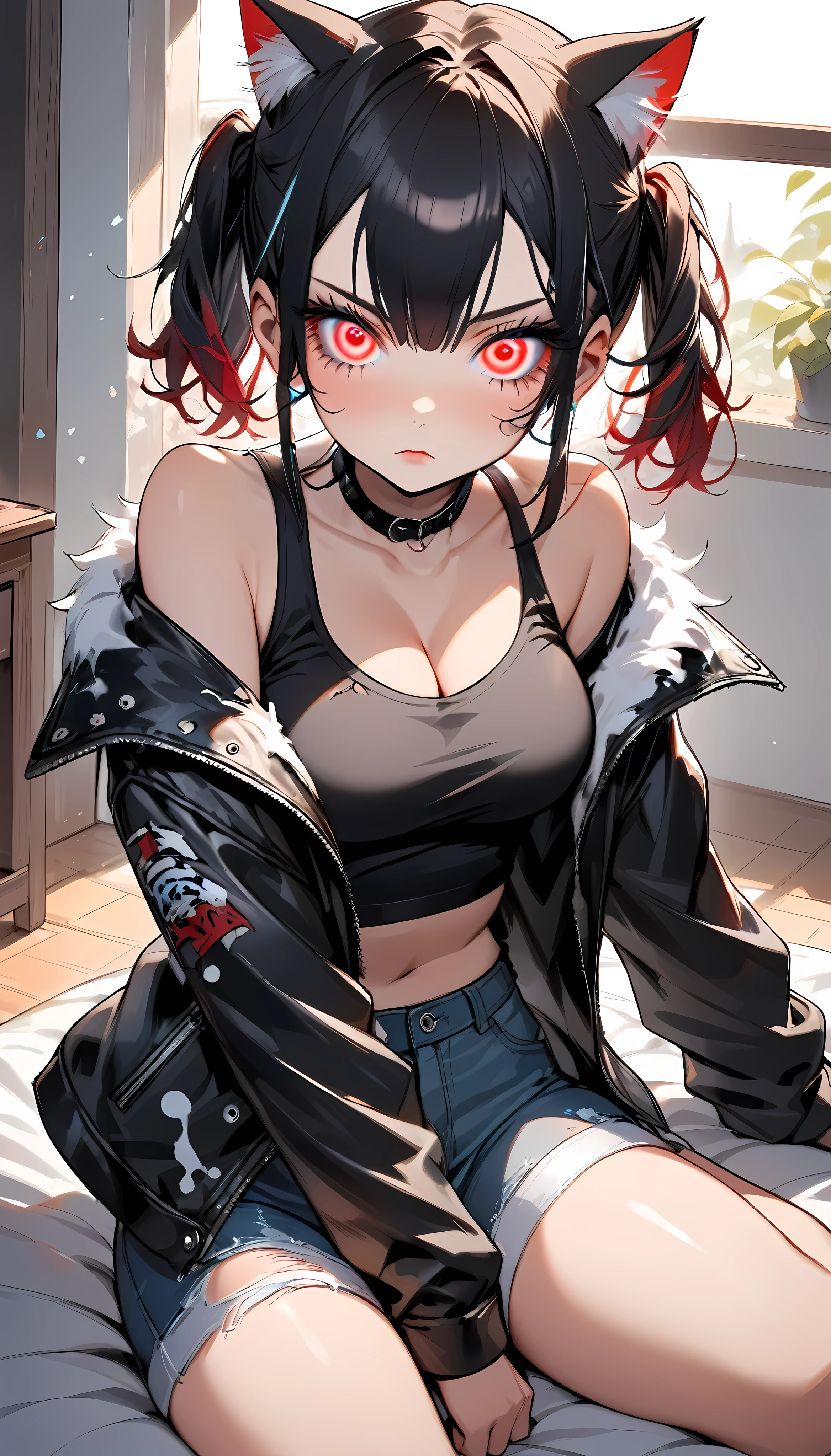  one girl, Alone, punk cat girl, black style, cute, (spiralwash eyes :1.4,  very big red eyes :1.57,  spiraling eyes:1.67), ((Fluffy Cat Ears , Black hair in twin tails)), (( Punk Fashion , Torn clothes, tight black tube top , Traces of being torn , tight black hot pants ,  put on a black leather jacket with your shoulders out)), Soft cleavage,  seductive thighs ,  firm, glossy skin , Tsundere, Pretentious, Lonely house,