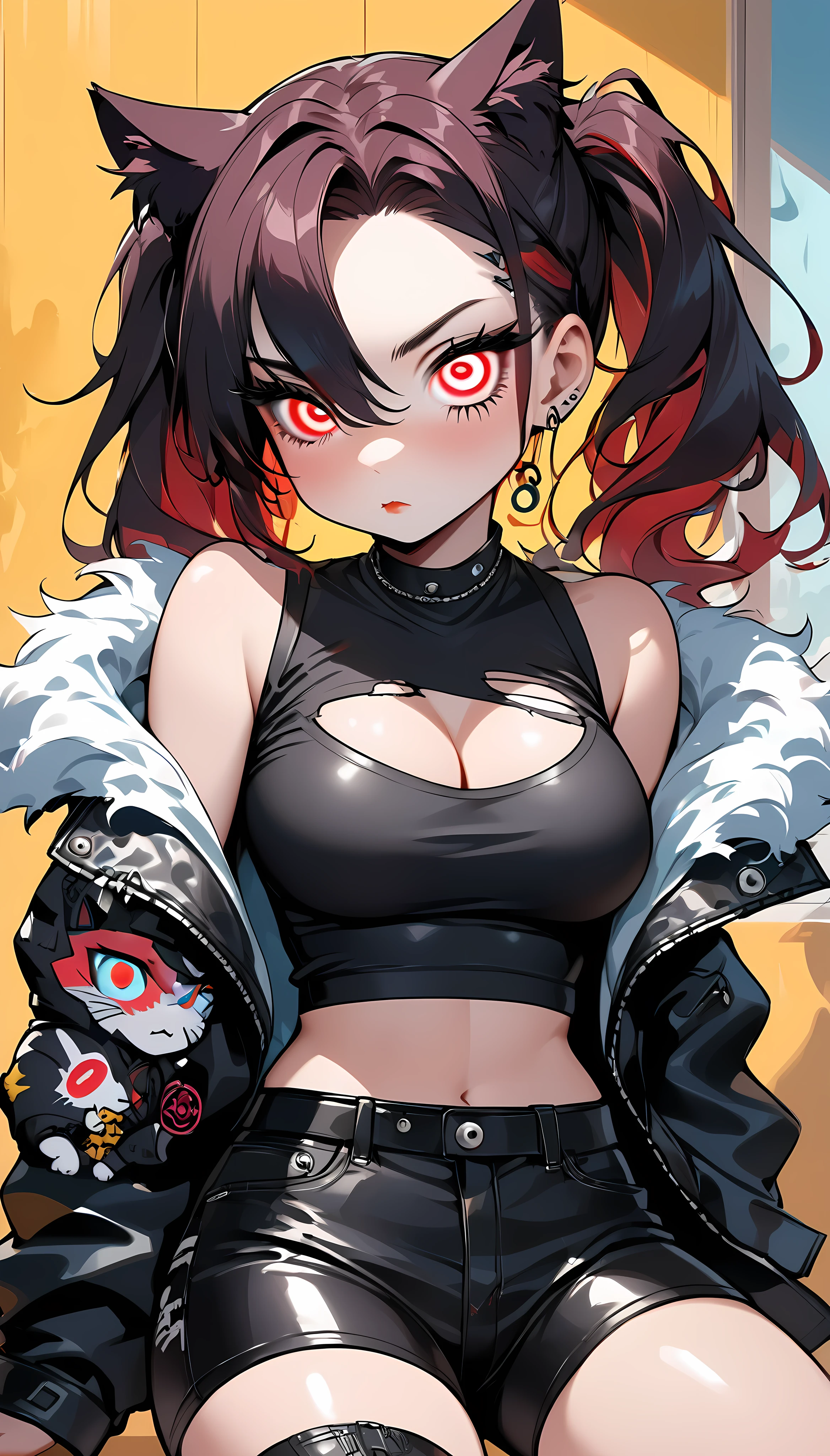 I hold onto you,  one girl, chibi style, Alone, punk cat girl, black style, cute, (spiralwash eyes :1.4,  very big red eyes :1.57,  spiraling eyes:1.67), ((Fluffy Cat Ears ,  dark hair with twin ponytails )), (( Punk Fashion , Torn clothes, tight black tube top , Traces of being torn , tight black hot pants ,  put on a black leather jacket with your shoulders out)),  Soft Cleavage ,  Seductive Thigh Temptation,  firm, glossy skin , Tsundere, Pretentious, Lonely house, clumsy,  Greatest Expression of Affection ,