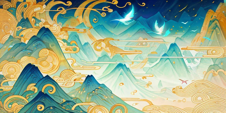 an image of an asian landscape with mountains and birds in the air, in the style of fantastical otherworldly visions, light cyan and gold, intricately mapped worlds, hyperrealistic illustrations, romanticized cityscapes, detailed character illustrations, organic shapes and curved lines, --v6