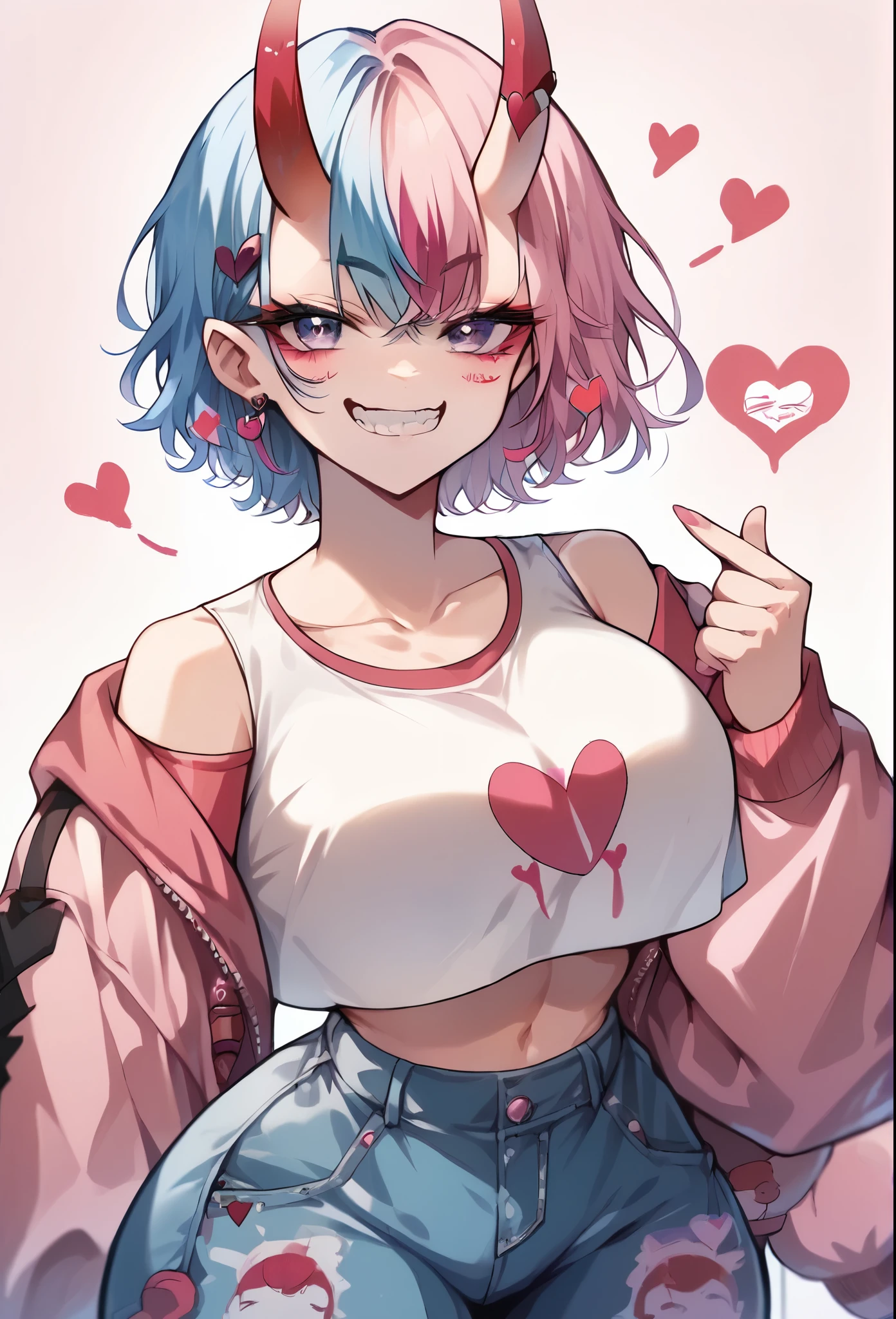 Split dye hair,pink hair,blue hair,oni horns,short hair,big hips,thin waist,crop top,smirk,huge breasts,finger hearts,hearts,smile,detailed eyes,