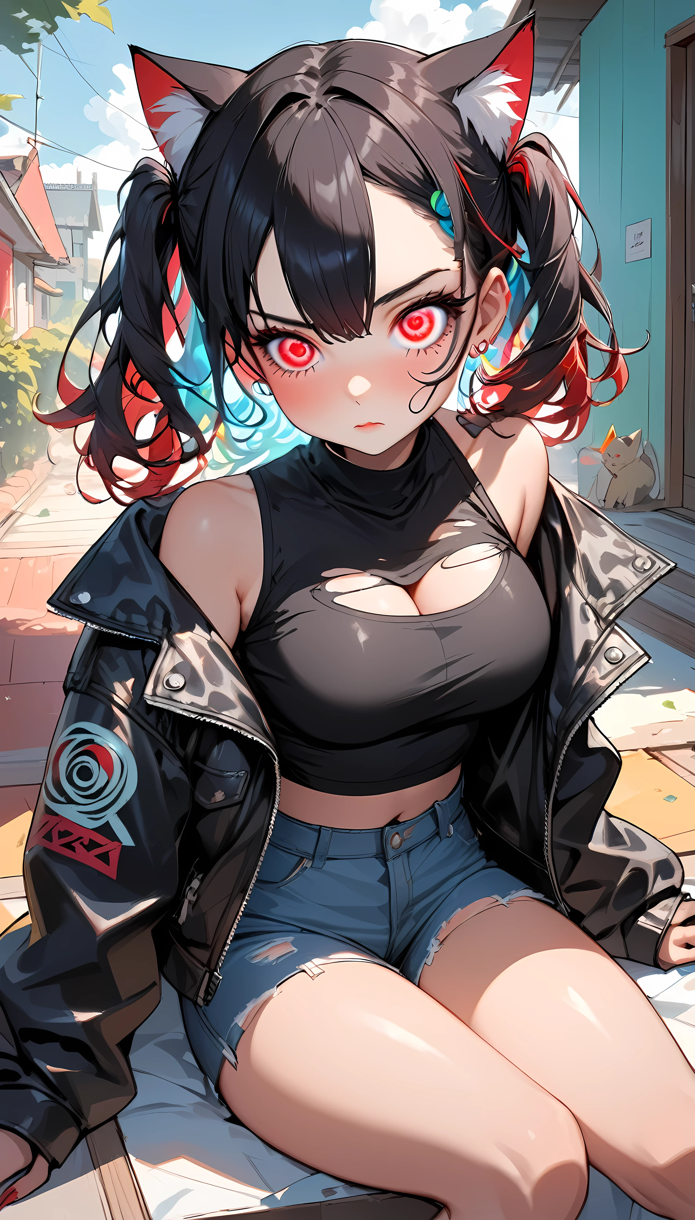  one girl, Alone, punk cat girl, black style,  very cute , (spiralwash eyes :1.4,  very big red eyes :1.57,  Spiral Swirling Eyes :1.67), Fluffy Cat Ears , (( smooth black hair with twin tails:1.27,)) (( Punk Fashion , Torn clothes, tight black tube top , Traces of being torn , tight black hot pants ,  pull out your shoulders and put on a black leather jacket)), BREAK soft cleavage ,  Seductive Thigh Temptation,  firm, glossy skin , Tsundere, Pretentious, Lonely house, clumsy,  expression of love to the fullest ,  innocent cuteness , innocent sex appeal ,