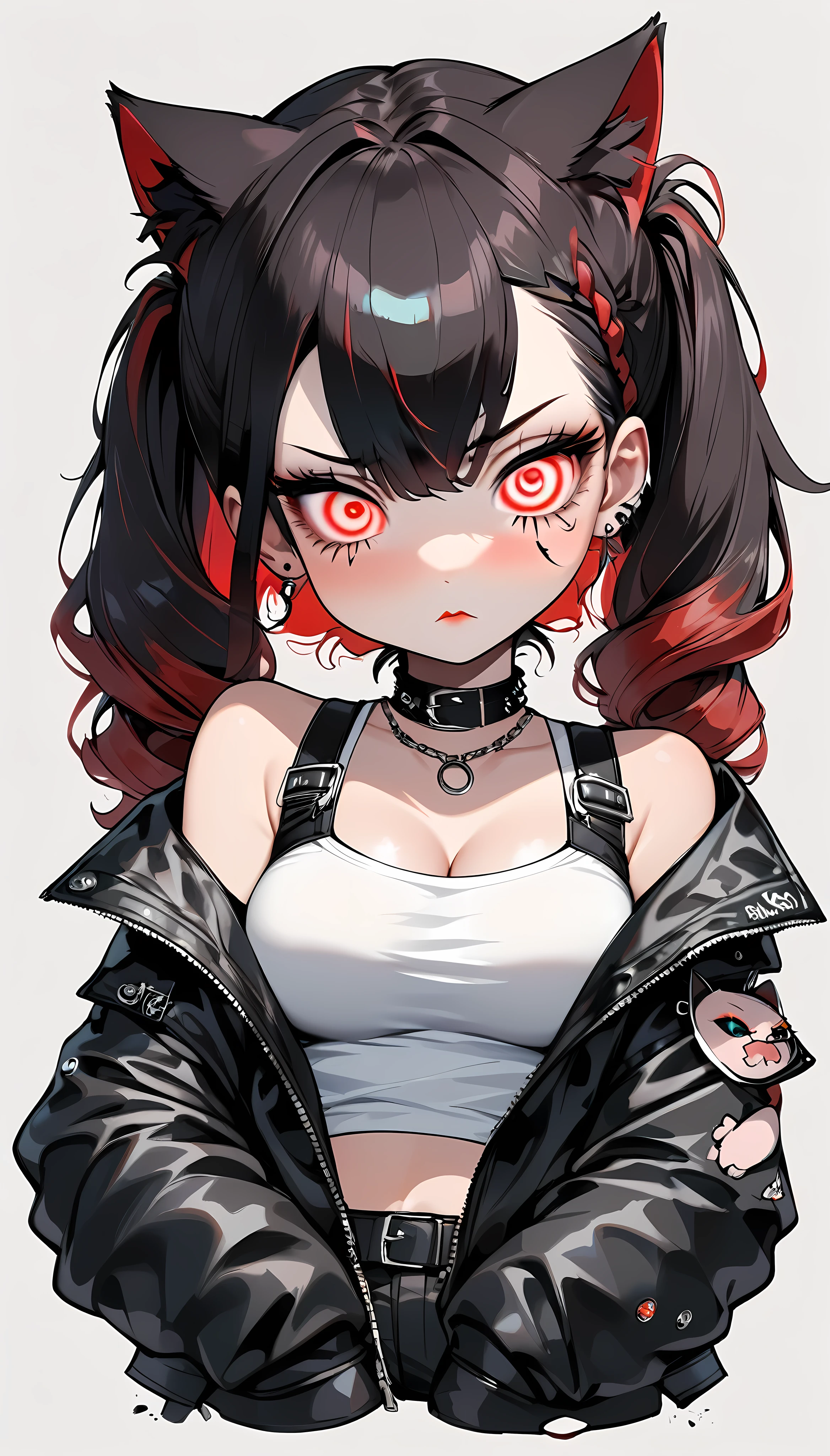 I hold onto you,  one girl, chibi style, Alone, punk cat girl, black style, cute, (spiralwash eyes :1.4,  very big red eyes :1.57,  spiraling eyes:1.67), ((Fluffy Cat Ears ,  dark hair with twin ponytails )), (( Punk Fashion , Torn clothes, tight black tube top , Traces of being torn , tight black hot pants ,  put on a black leather jacket with your shoulders out)),  Soft Cleavage ,  Seductive Thigh Temptation,  firm, glossy skin , Tsundere, Pretentious, Lonely house, clumsy,  Greatest Expression of Affection ,