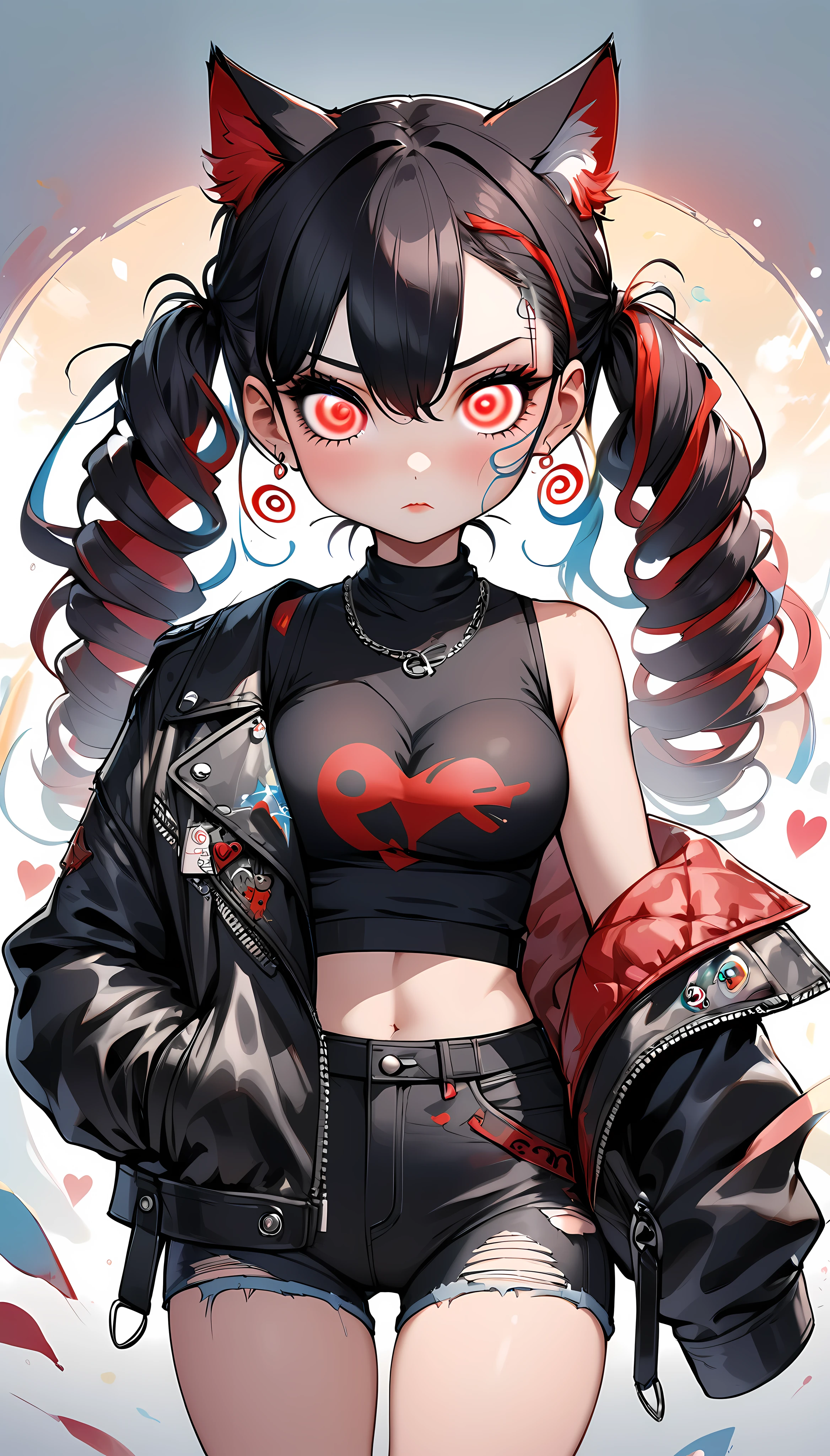 I hold onto you,  one girl, chibi style, Alone, punk cat girl, black style,  very cute , (spiralwash eyes :1.4,  very big red eyes :1.57,  Spiral Swirling Eyes :1.67), Fluffy Cat Ears , (( smooth black hair with twin tails:1.27,)) (( Punk Fashion , Torn clothes, tight black tube top , Traces of being torn , tight black hot pants ,  put on a black leather jacket with your shoulders out)), BREAK soft cleavage ,  Seductive Thigh Temptation,  firm, glossy skin , Tsundere, Pretentious, Lonely house, clumsy,  expression of love to the fullest ,  innocent cuteness , innocent sex appeal ,