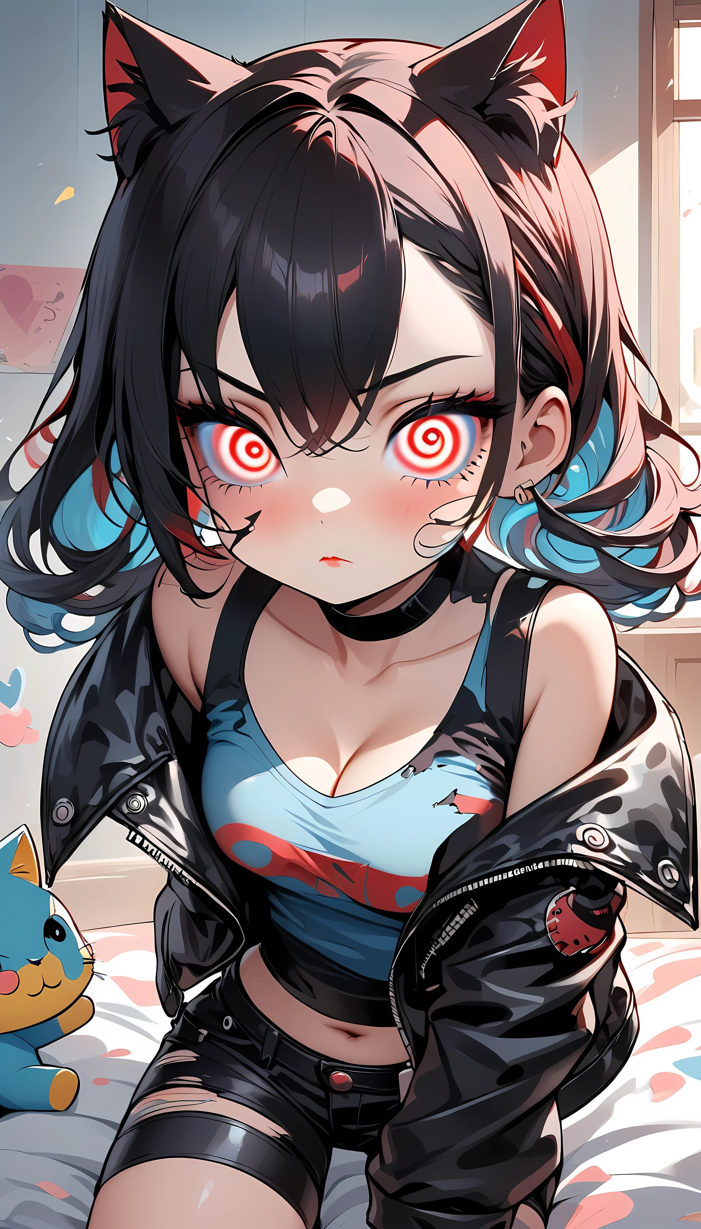 I hold onto you,  one girl, chibi style, Alone, punk cat girl, black style,  very cute , (spiralwash eyes :1.4,  very big red eyes :1.57,  Spiral Swirling Eyes :1.67), Fluffy Cat Ears , (( smooth black hair with twin tails:1.27,)) (( Punk Fashion , Torn clothes, tight black tube top , Traces of being torn , tight black hot pants ,  put on a black leather jacket with your shoulders out)), BREAK soft cleavage ,  Seductive Thigh Temptation,  firm, glossy skin , Tsundere, Pretentious, Lonely house, clumsy,  expression of love to the fullest ,  innocent cuteness , innocent sex appeal ,