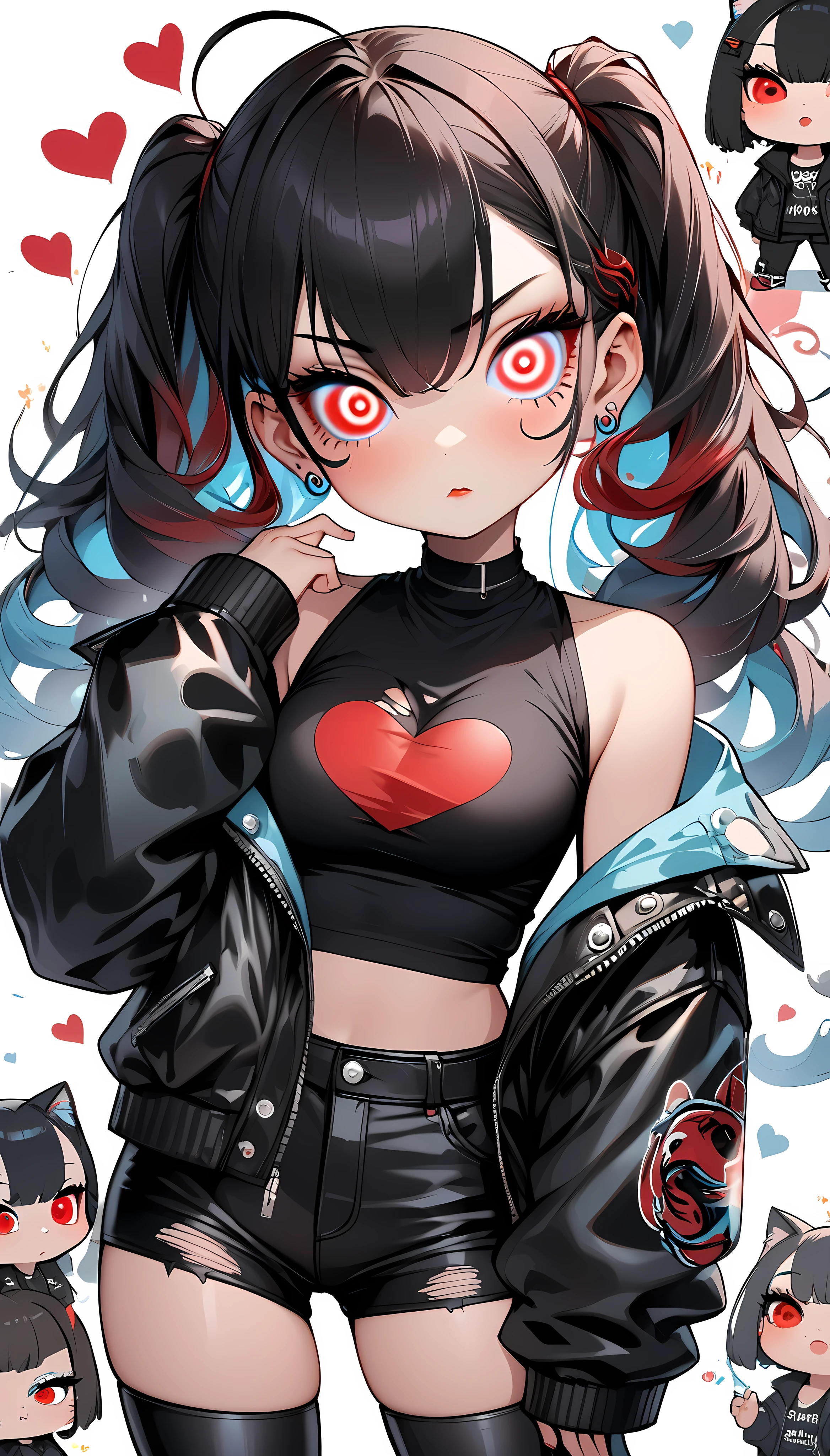 I hold onto you,  one girl, chibi style, Alone, punk cat girl, black style,  very cute , (spiralwash eyes :1.4,  very big red eyes :1.57,  Spiral Swirling Eyes :1.67), Fluffy Cat Ears , (( smooth black hair with twin tails:1.27,)) (( Punk Fashion , Torn clothes, tight black tube top , Traces of being torn , tight black hot pants ,  put on a black leather jacket with your shoulders out)), BREAK soft cleavage ,  Seductive Thigh Temptation,  firm, glossy skin , Tsundere, Pretentious, Lonely house, clumsy,  expression of love to the fullest ,  innocent cuteness , innocent sex appeal ,