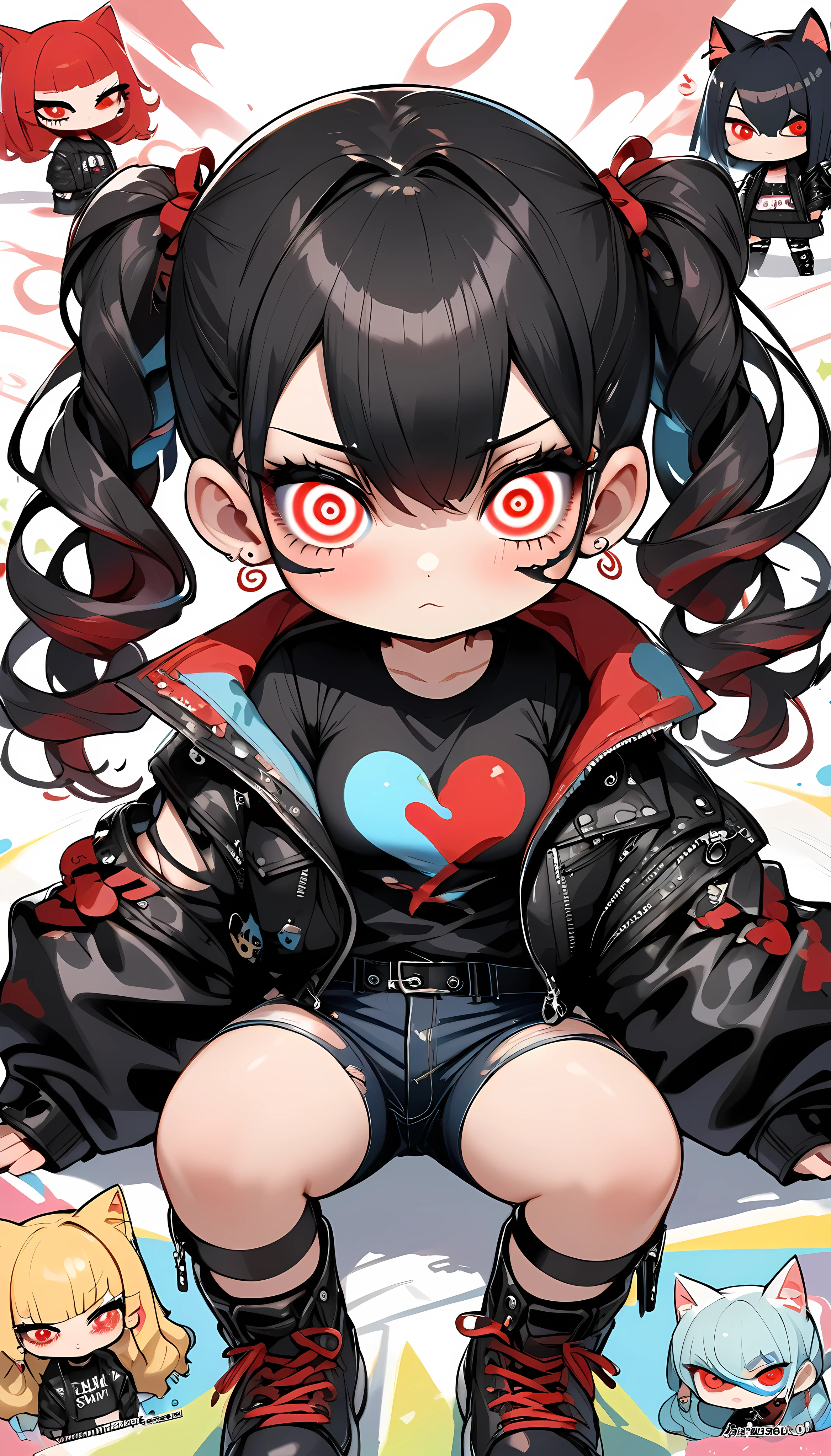 I hold onto you,  one girl, chibi style, Alone, punk cat girl, black style,  very cute , (spiralwash eyes :1.4,  very big red eyes :1.57,  Spiral Swirling Eyes :1.67), Fluffy Cat Ears , (( smooth black hair with twin tails:1.27,)) (( Punk Fashion , Torn clothes, tight black tube top , Traces of being torn , tight black hot pants ,  pull out your shoulders and put on a black leather jacket)), BREAK soft cleavage ,  Seductive Thigh Temptation,  firm, glossy skin , Tsundere, Pretentious, Lonely house, clumsy,  expression of love to the fullest ,  innocent cuteness , innocent sex appeal , 