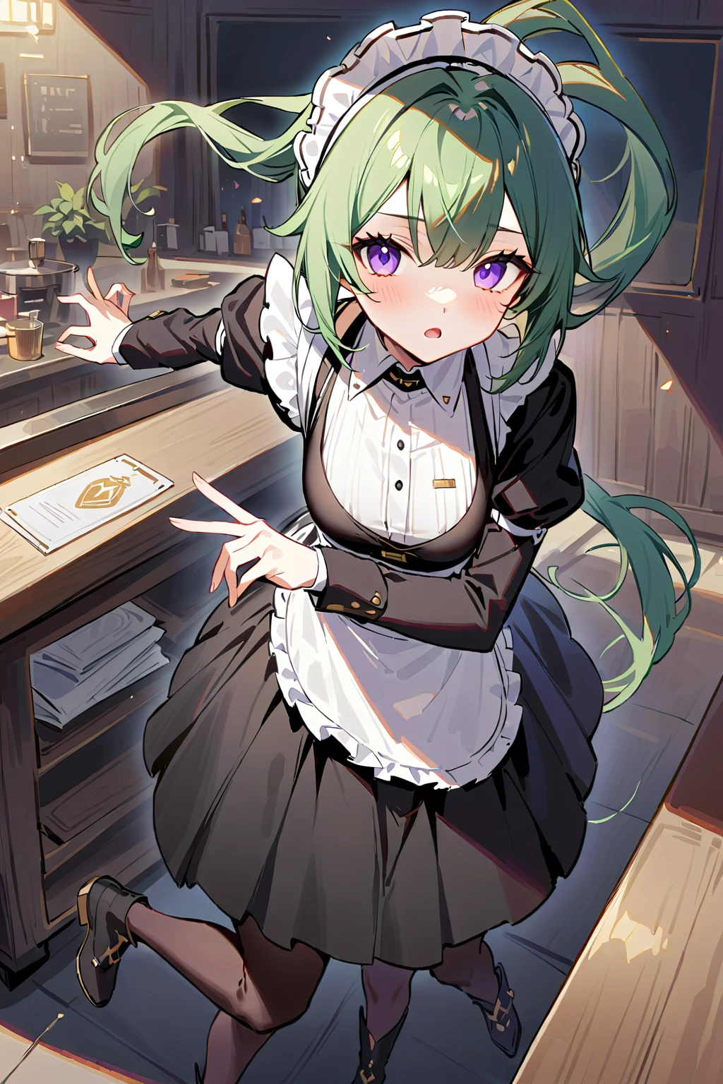 masterpiece, best quality, perfect features, intricate details, ray tracing, newest,(hitenkei, askzy:0.4), 1girl, chiori \(genshin impact\), solo, maid, maid headdress,((green hair)), maid apron, pantyhose, open mouth, looking at viewer, cowboy shot, bar \(place\), indoors, depth of field ,purple eyes,side ponytail,Framed Presentation of a nun,(dynamic pose)), woman character design sheet for a video game with detailed accessories, boots, multiple icons, and nun dresses, Ball Gown, buttons to customize the character to your liking, ((dynamic pose)),(dynamic pose)),(dynamic pose)),full body,