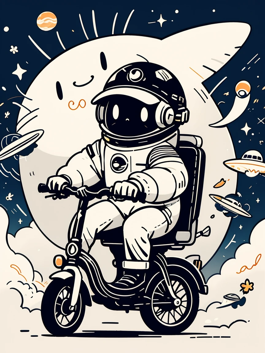 cinematic film still A visually striking chibi-style astronaut is depicted with remarkable detail, wearing a black tinted visor and a crisp white suit with red straps. This adorable hero is captured riding on a child's tricycle with big grippy tires, exploring the surface of the moon. The background showcases a delightful galaxy filled with stars and cosmic wonder. This conceptual art piece blends anime, photography, illustration, and typography to create a whimsical and imaginative portrayal of space exploration.