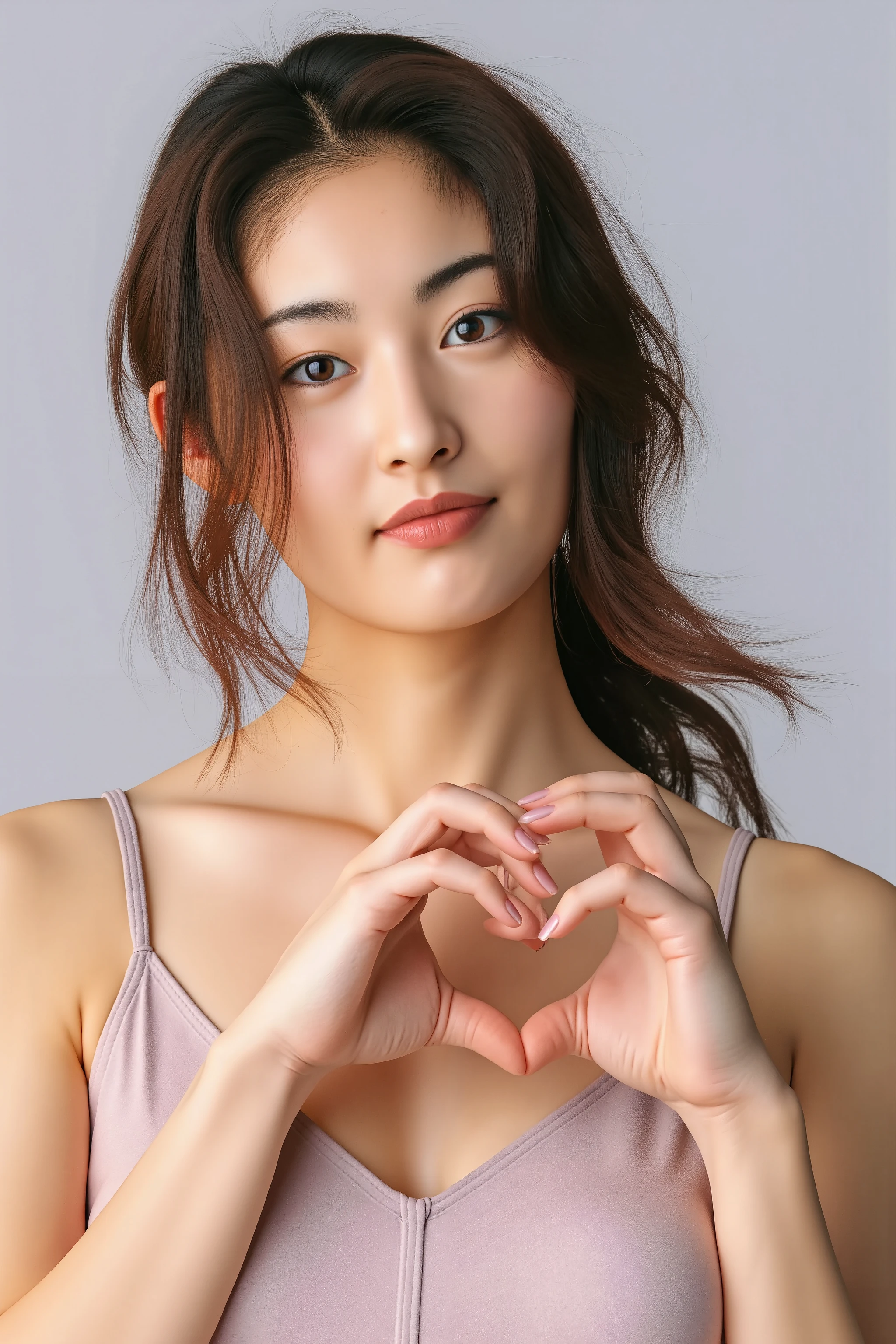 She is in a pose wearing a sexy camisole, making a firm big heart shape with both hands, and holding it in front of her chest, Cute smile up

