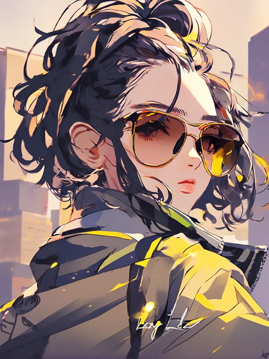  anime girl with sunglasses in her hair,  Guweiz style artwork ,  digital illustration style ,  animation style  일러스트,  animation style  4k, Yellow eyed , with glowing eyes,  animation style . 8k, Ku Ray Ray(Qu Leilei), author：heroes,   Persona 5 art style WLOP  ,  Morning City 