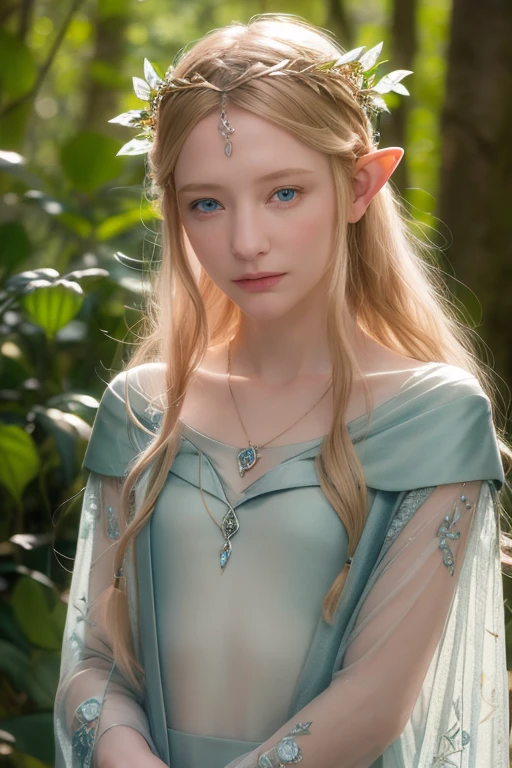 a young Cate Blanchett, looking at viewer, elegant fantasy elf princess, flowing blonde hair, piercing blue eyes, delicate facial features, ornate elven headdress and jewelry, graceful pose,full body slim, wearing vine and leaf naked see-thru,bed forest background, with 4 male big wolf, intimate, cuddle,magical atmosphere, warm lighting, muted color palette, cinematic, detailed, highly realistic, 8k, photorealistic, flat chest,