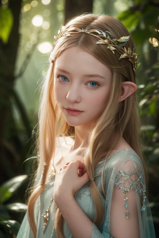 a young Cate Blanchett, looking at viewer, elegant fantasy elf princess, flowing blonde hair, piercing blue eyes, delicate facial features, ornate elven headdress and jewelry, graceful pose,full body slim, wearing vine and leaf naked see-thru,bed forest background, with 4 male big wolf, intimate, cuddle,magical atmosphere, warm lighting, muted color palette, cinematic, detailed, highly realistic, 8k, photorealistic, flat chest,