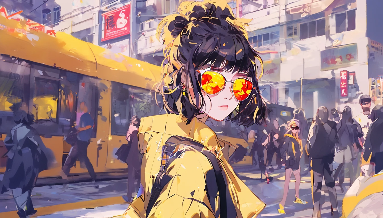  anime girl with sunglasses in her hair,  Guweiz style artwork ,  digital illustration style ,  animation style  일러스트,  animation style  4k, Yellow eyed , with glowing eyes,  animation style . 8k, Ku Ray Ray(Qu Leilei), author：heroes,   Persona 5 art style WLOP  ,  Morning City ,  Very Detailed ,  surreal , 8k