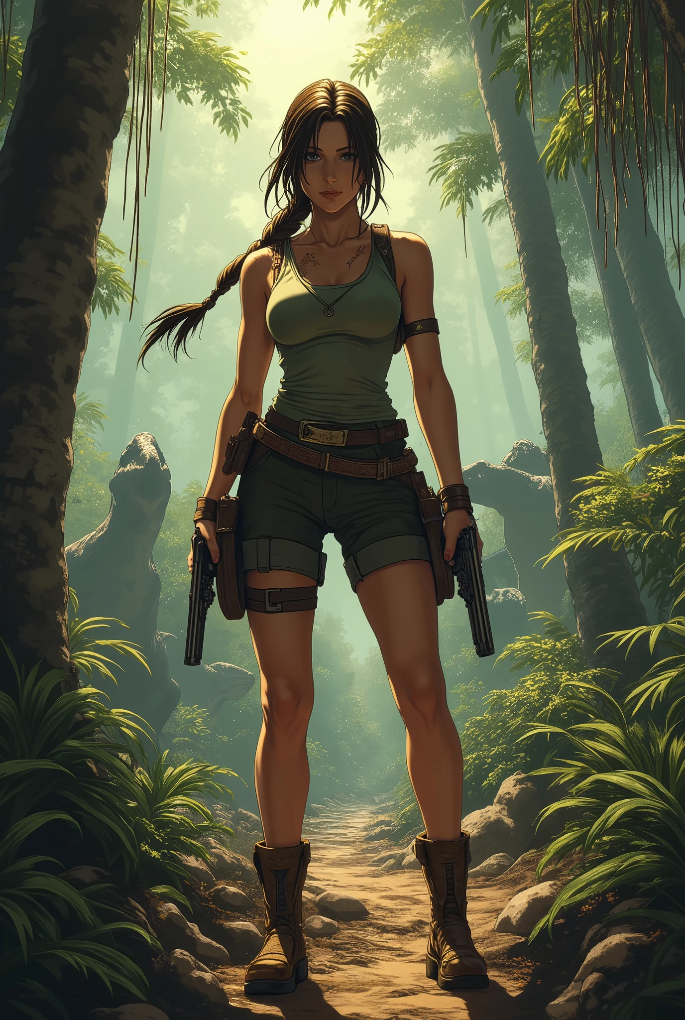 masterpiece, ultimate detailed, tiny finnest details,
stunningly beautiful Classic Lara Croft, long braid, tank top, short, dual pistols, in a jungle, dinosaurs behind her, beautiful and perfect legs, confident look, ,dynamic pose, dynamic lighting, fantasy concept art, illustration, Dungeons and Dragons original concept art, fantasy illustration, looking at the viewer with an arrogant expression, smirk, 