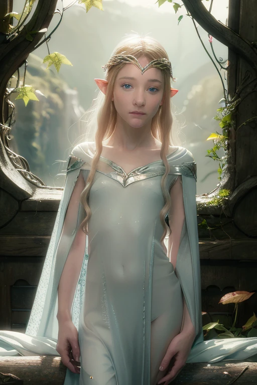 a young Cate Blanchett, looking at viewer, elegant fantasy elf princess, flowing blonde hair, piercing blue eyes, delicate facial features, ornate elven headdress and jewelry, graceful pose,full body slim, wearing vine and leaf, naked, see-thru,bed in forest background, with 4 male big wolf, intimate, intimacy, cuddle,magical atmosphere, warm lighting, muted color palette, cinematic, detailed, highly realistic, 8k, photorealistic, (flat chest),