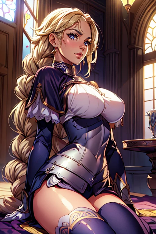 (masterpiece, best quality, highres:1.2), (photorealistic:1.2), (intricate and beautiful:1.2), [:(Face detail: 1.4): 0.4], (detailed light:1.2), (soft lighting, side lighting, reflected light), (colorful, dynamic angle), wallpaper illustration, extremely gorgeous woman, Jeanne D'arc from fate great order, blond hair, blue eyebrows, blue eyelash, huge breast, red lips, long legs, black tights, tall body, seductive body, royal aura, light passing through hair, (official art), (perfect skin), (sharp), 