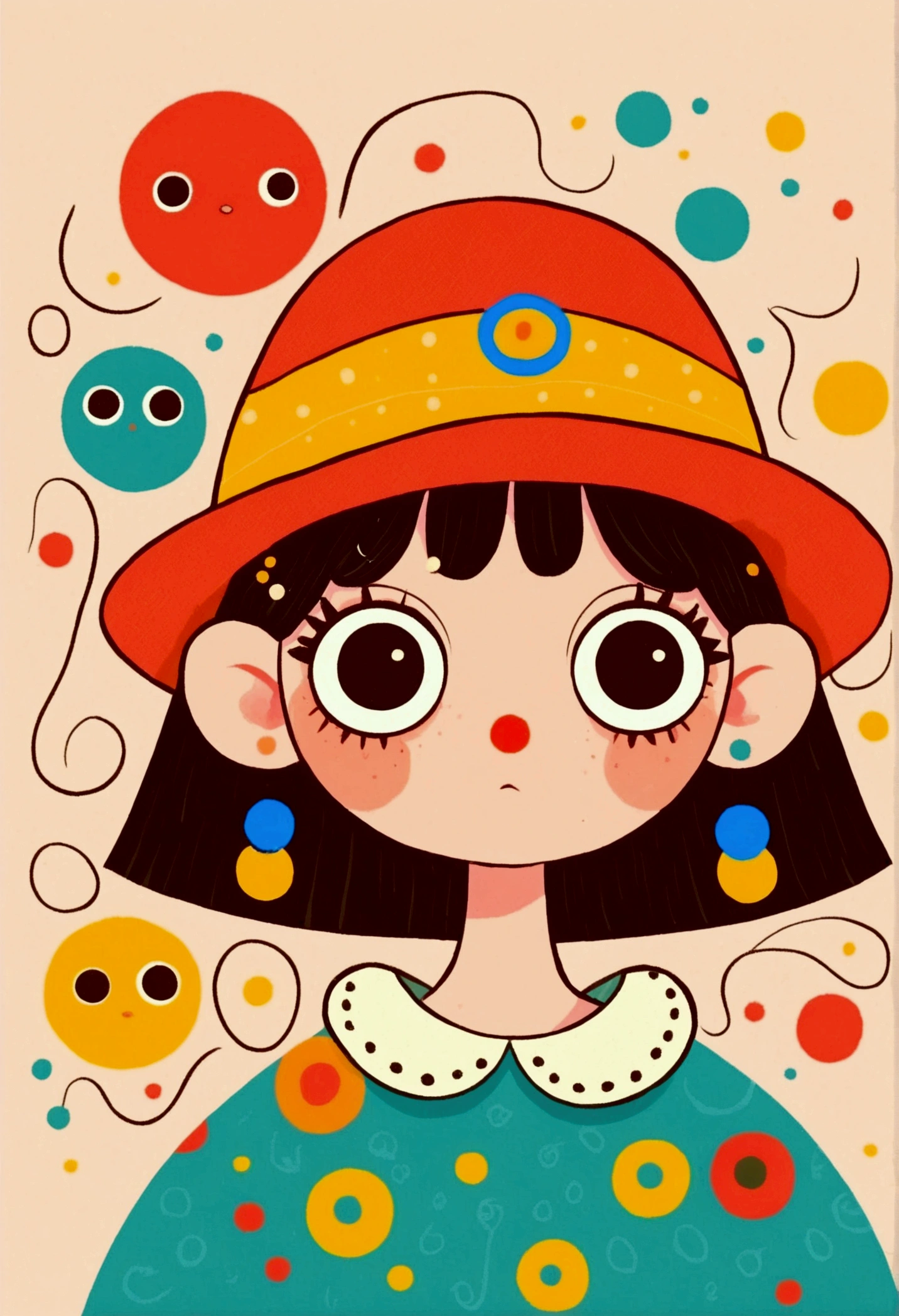 Flat wind，vector， childish art cartoon ，cute girl wearing a hat,Big eyes，Round eyes，Red Nose， Lovely Expressions ，Minimalism，Lovely art style,  colorful ! Digital illustration style, The Art of Mathematics. 