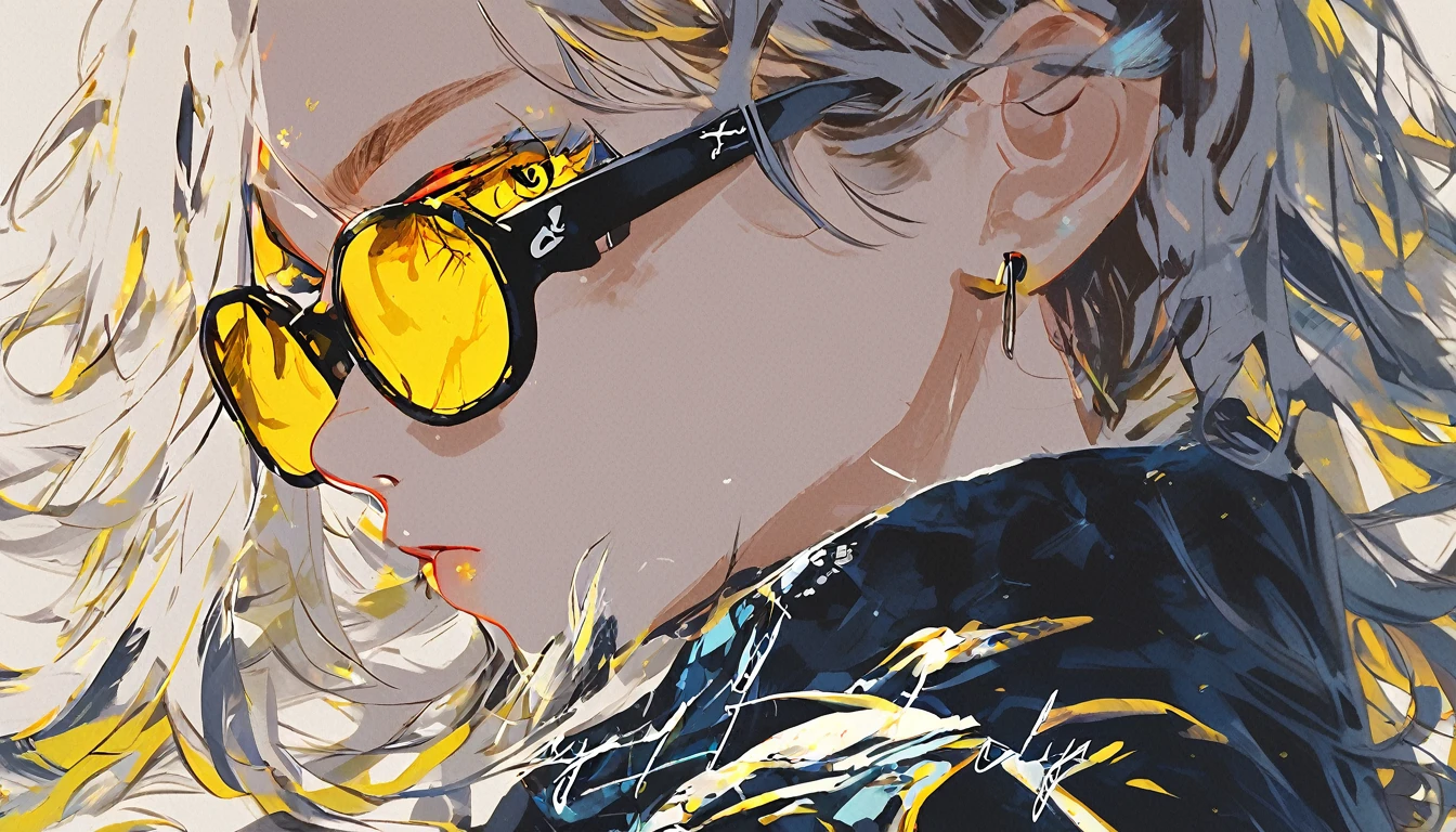  anime girl with sunglasses in her hair,  Guweiz style artwork ,  digital illustration style ,  animation style  일러스트,  animation style  4k, Yellow eyed , with glowing eyes,  animation style . 8k, Ku Ray Ray(Qu Leilei), author：heroes,   Persona 5 art style WLOP  ,  Morning City ,  Very Detailed ,  surreal , 8k