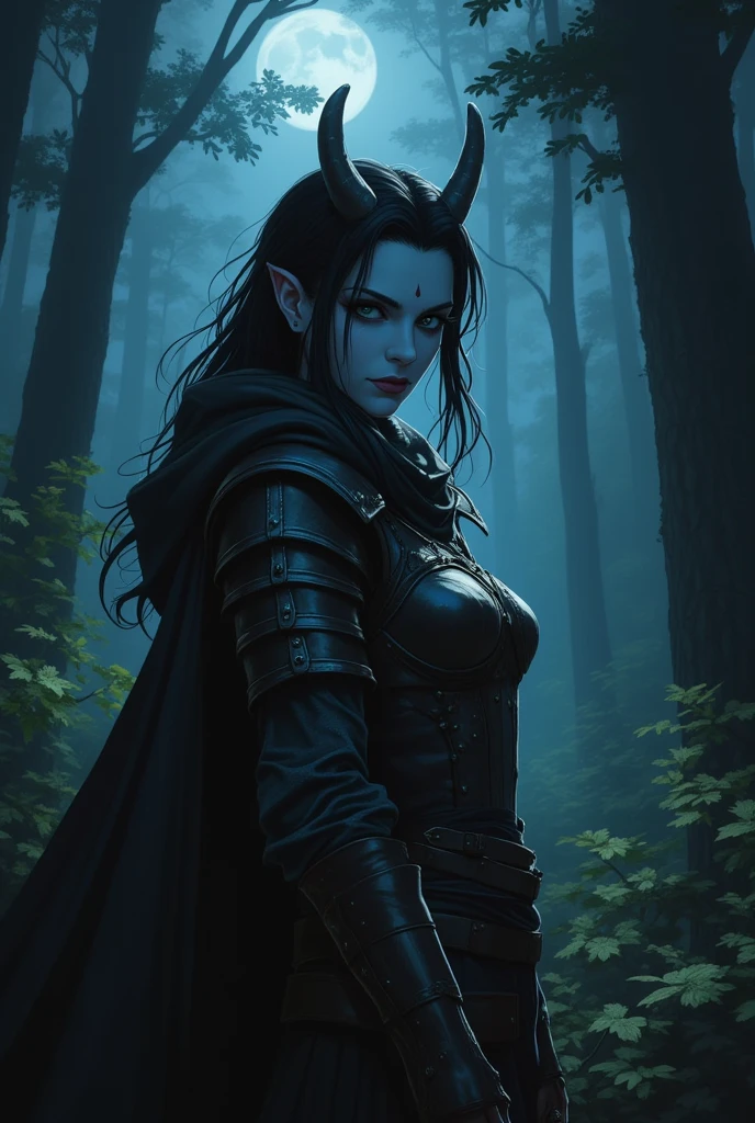 masterpiece, ultimate detailed, tiny finnest details, stunningly beautiful female dark elf ranger, female drow, pale grey skin, wearing a tattered leather armour, in the middle of a fantasy forest at night, darkness, fantasy concept art, illustration, Dungeons and Dragons original concept art, fantasy illustration, looking at the viewer with an arrogant expression, smirk, 