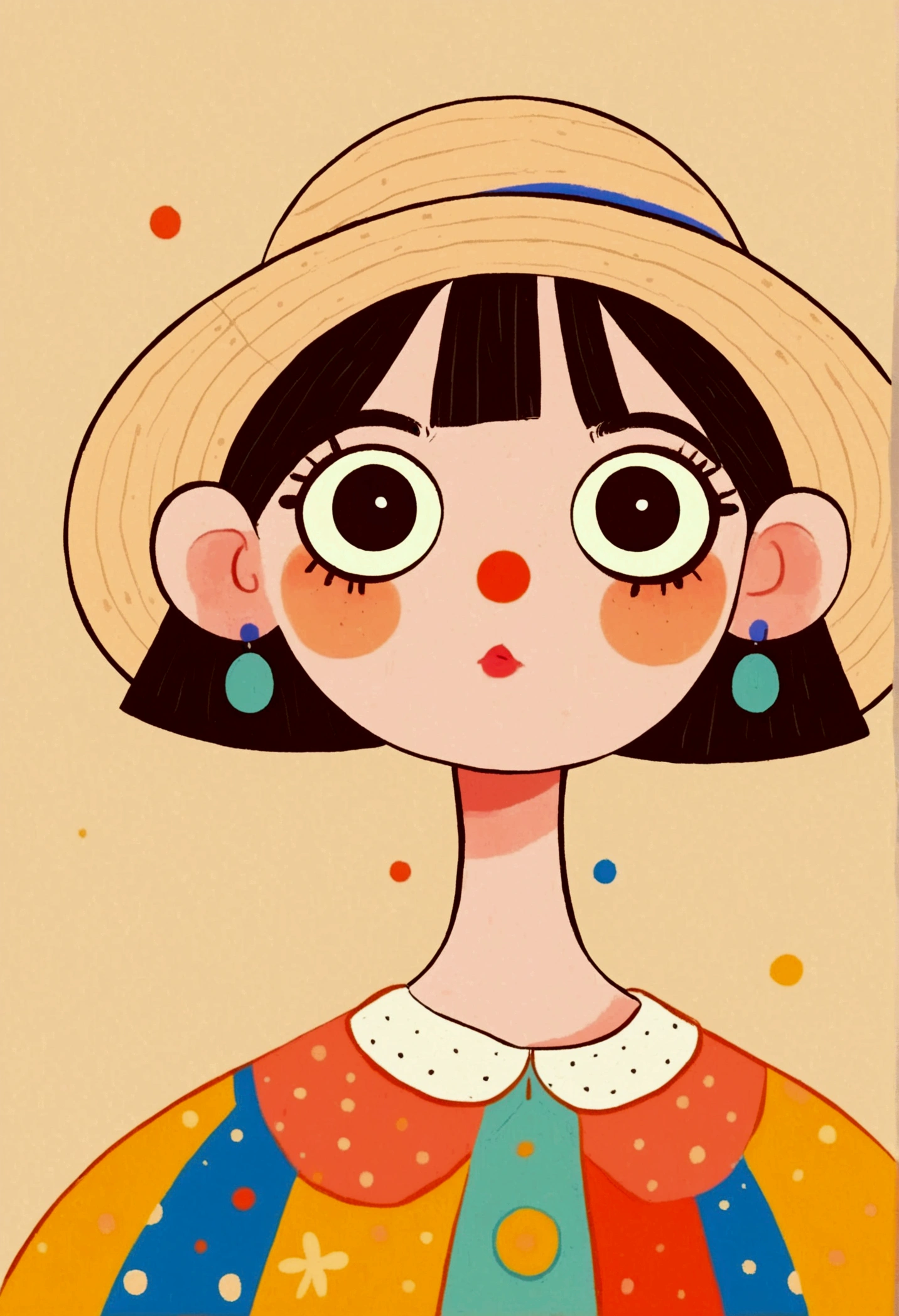 Flat wind，vector， childish art cartoon ，cute girl wearing a hat,Big eyes，Round eyes，Red Nose， Lovely Expressions ，Minimalism，Lovely art style,  colorful ! Digital illustration style, The Art of Mathematics. 