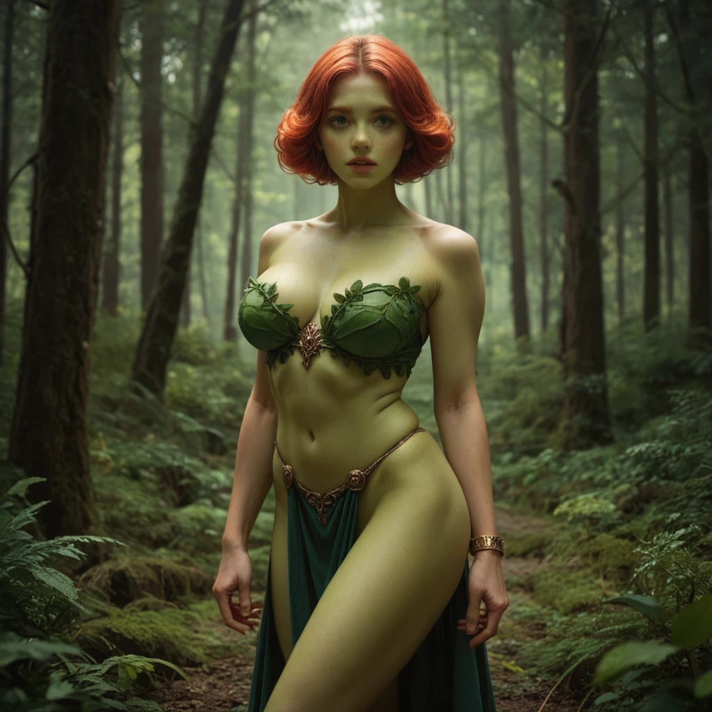 (8k, RAW photo, best quality, masterpiece:1.2),ultra-detailed, (high detailed skin:1.2), 8k uhd, dslr, soft lighting, high quality, freckles, crimson bob cut, portrait sophia_lillis, woman, bob cut, green armor, doric, horns, tail, pointy ears, full body, in forest, gold_bikini
