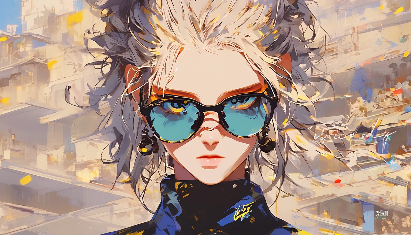  anime girl with sunglasses in her hair,  Guweiz style artwork ,  digital illustration style ,  animation style  일러스트,  animation style  4k, Yellow eyed , with glowing eyes,  animation style . 8k, author：heroes,   Persona 5 art style WLOP  ,  Morning City ,  Very Detailed ,  surreal , 8k