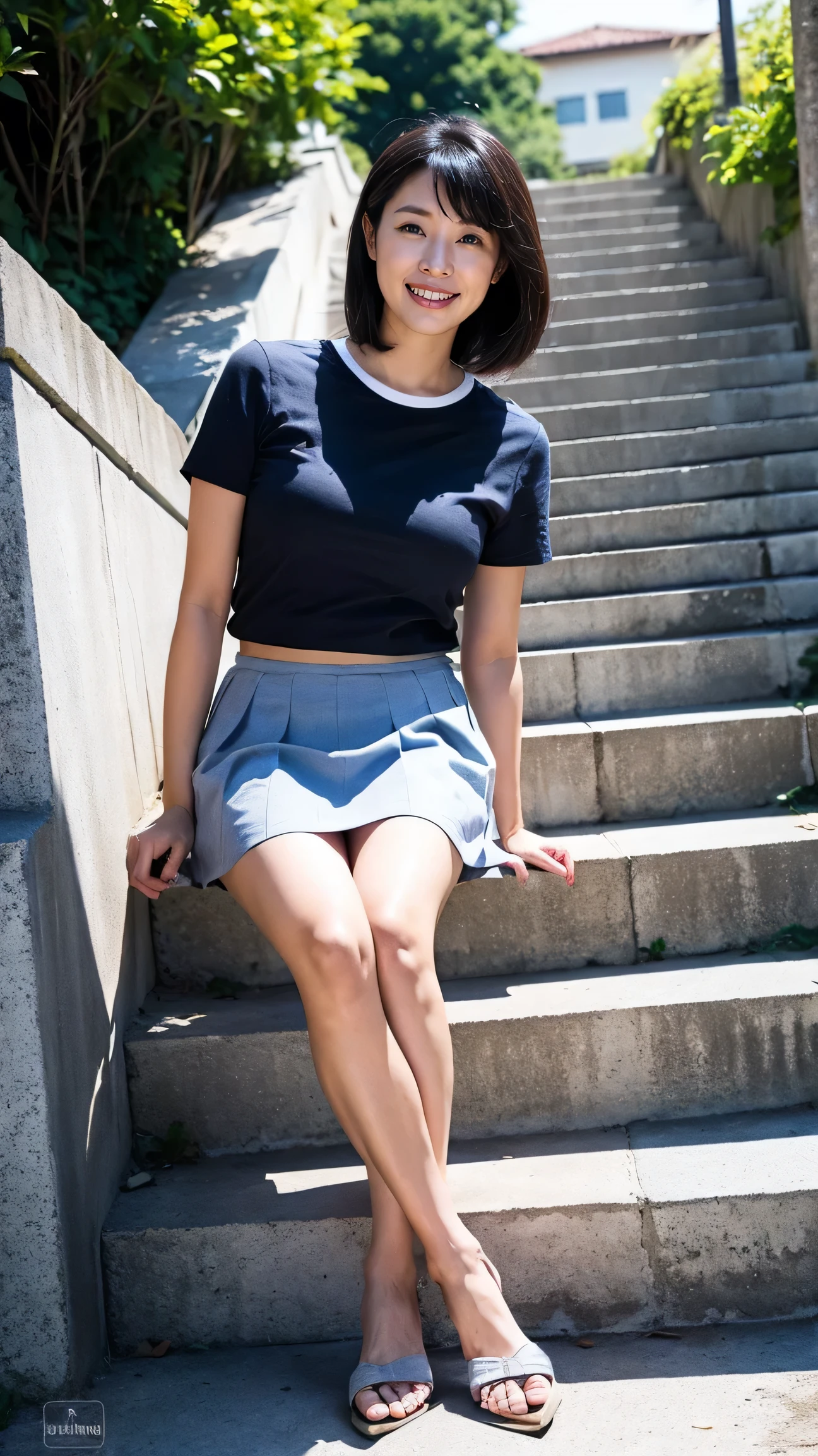 Best Quality 、8k、masterpiece、Realistic, sharp concentration , Kampala, Kampala, one girl playing pranks, Alone, Japanese, Beautiful woman,((Concrete stairs)),Front、Short sleeve knit, Pleated Mini Skirt、 High Heels 、Attractive body, Photographing Her Full Body 、smile,Overlooking,