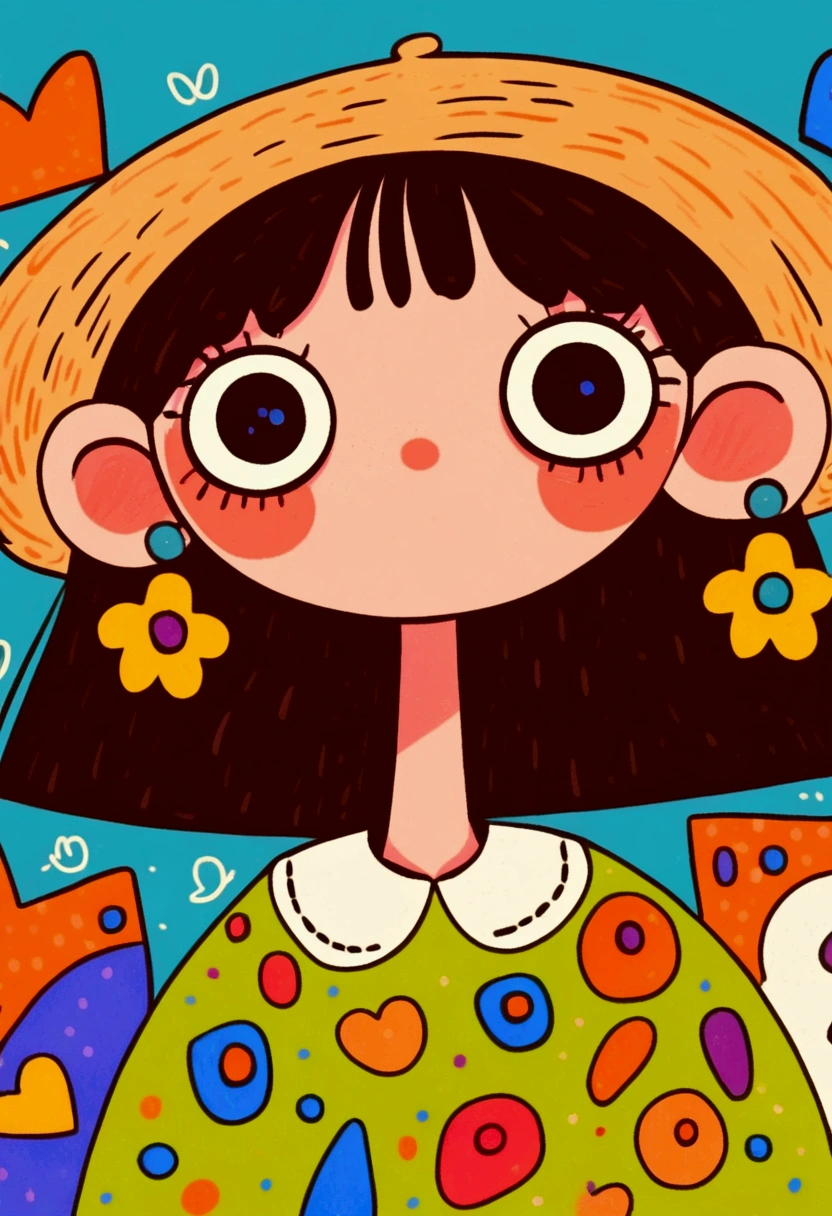 Flat wind，vector， childish art cartoon ，cute girl wearing a hat,Big eyes，Round eyes，Red Nose， Lovely Expressions ，Minimalism，Lovely art style,  colorful ! Digital illustration style, The Art of Mathematics. 