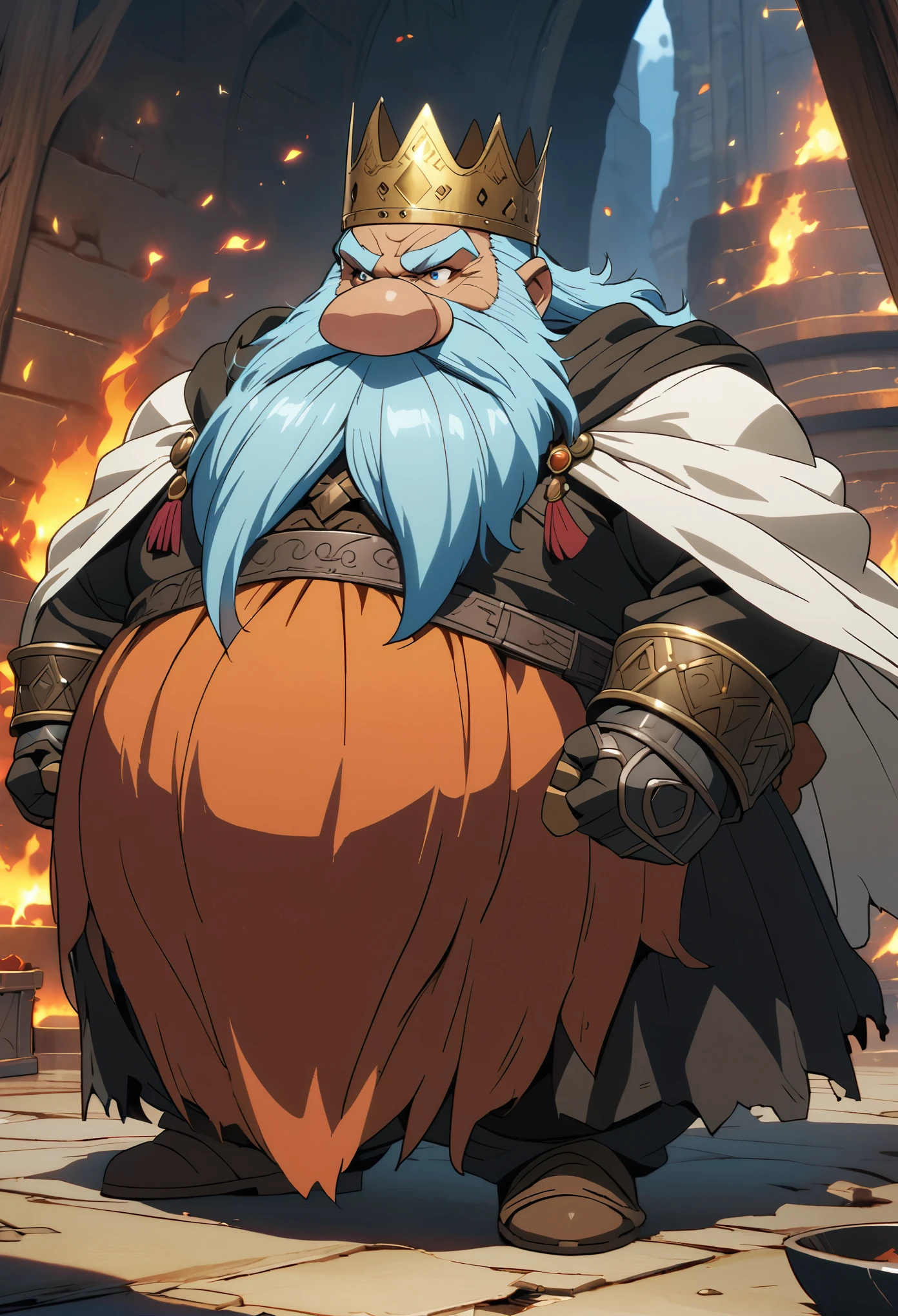 ((masterpiece)), ((4k quality)), ((epic)), ((anime image)), ((fantasy anime)), ((male character)), ((fantasy character)), ((dwarf )), ((tanned skin)), ((skin wrinkles)), ((skin scars)), ((short stature)), ((strong arms)), ((fat)) , ((broad back)) , ((mature appearance)), ((wise appearance)), ((smith warrior)), ((wearing an iron crown)), ((carrying a giant maso)), ((hair long and disheveled)), ( (long beard)), ((noble appearance)), ((elegant)), ((imposing)), ((dwarf king)), ((crown)), ((king's cloak )), ((forge clothing) ), ((forge environment background)), (fire and molten metals)), ((anime)), ((fantasy anime)),((short stature)),((big nose)) 