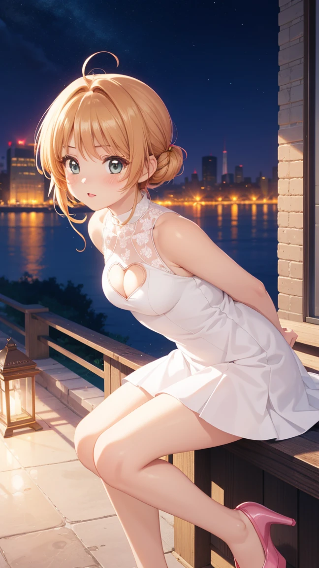 masterpiece, best quality, highres, 1girl, detailed face, blush, anime CG style, (medium breasts), (18 year old girl:1.3), (aged up), good lighting, perfect body, sakura kinomoto, glossy lips, heart cutout, cleavage cutout, clothing cutout, arms behind back, night, city, prom dress, lace, leaning forward, heels