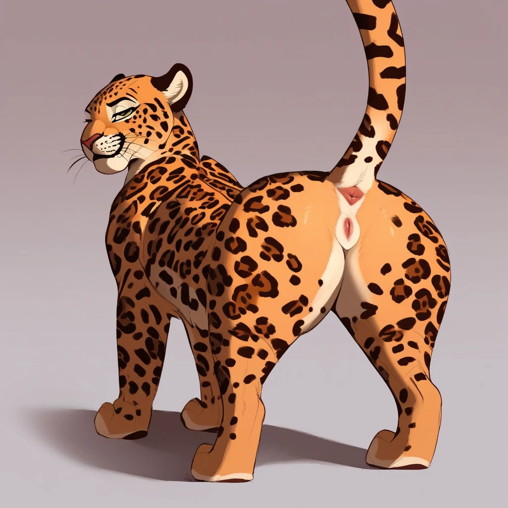 Artwork by raptoral,leopard, feral,male,solo,showing butt,rear view,sexy,seductive,balls,submissive,(feral),correct anatomy,(sexy,seductive,looking up),tail on side