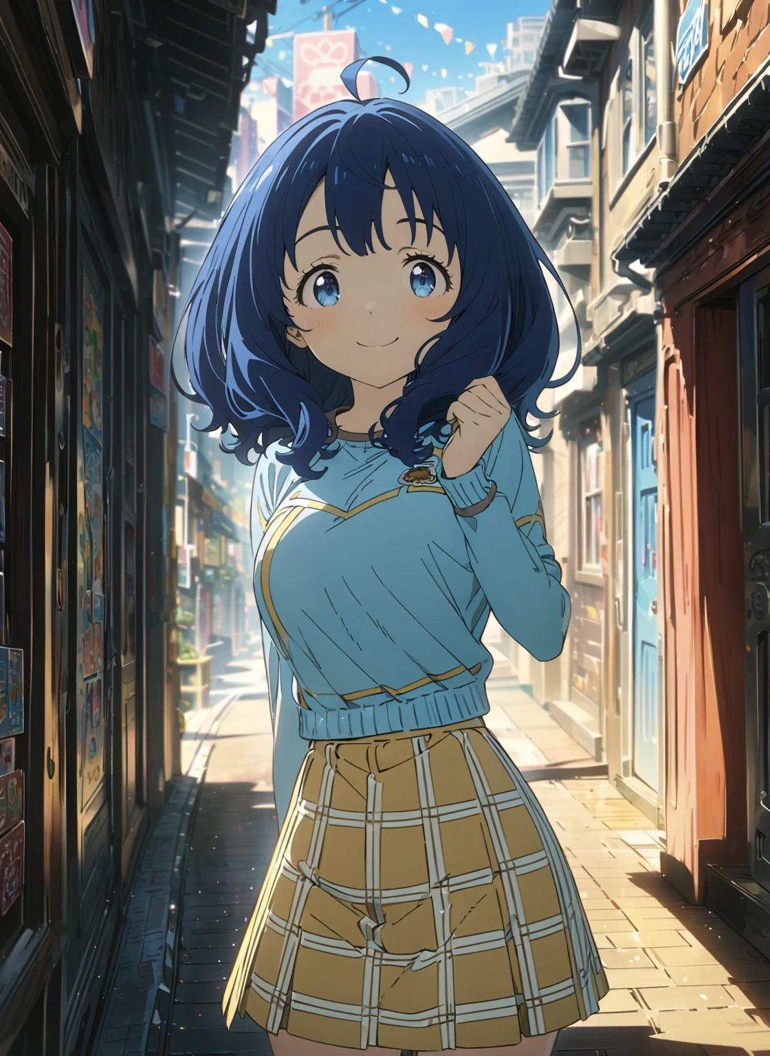 yanamianna, medium hair, ahoge,blue hair,blue eyes, medium breasts, (happy smile:1.2), (cropped knit:1.2), brown cropped knit, checked skirt, emphasis breasts, fantacy street, full-body shot, best quality, high quality, ultra-detailed, high resolution, best quality, detailed background, super detailed, detailed shading, solo, alone,