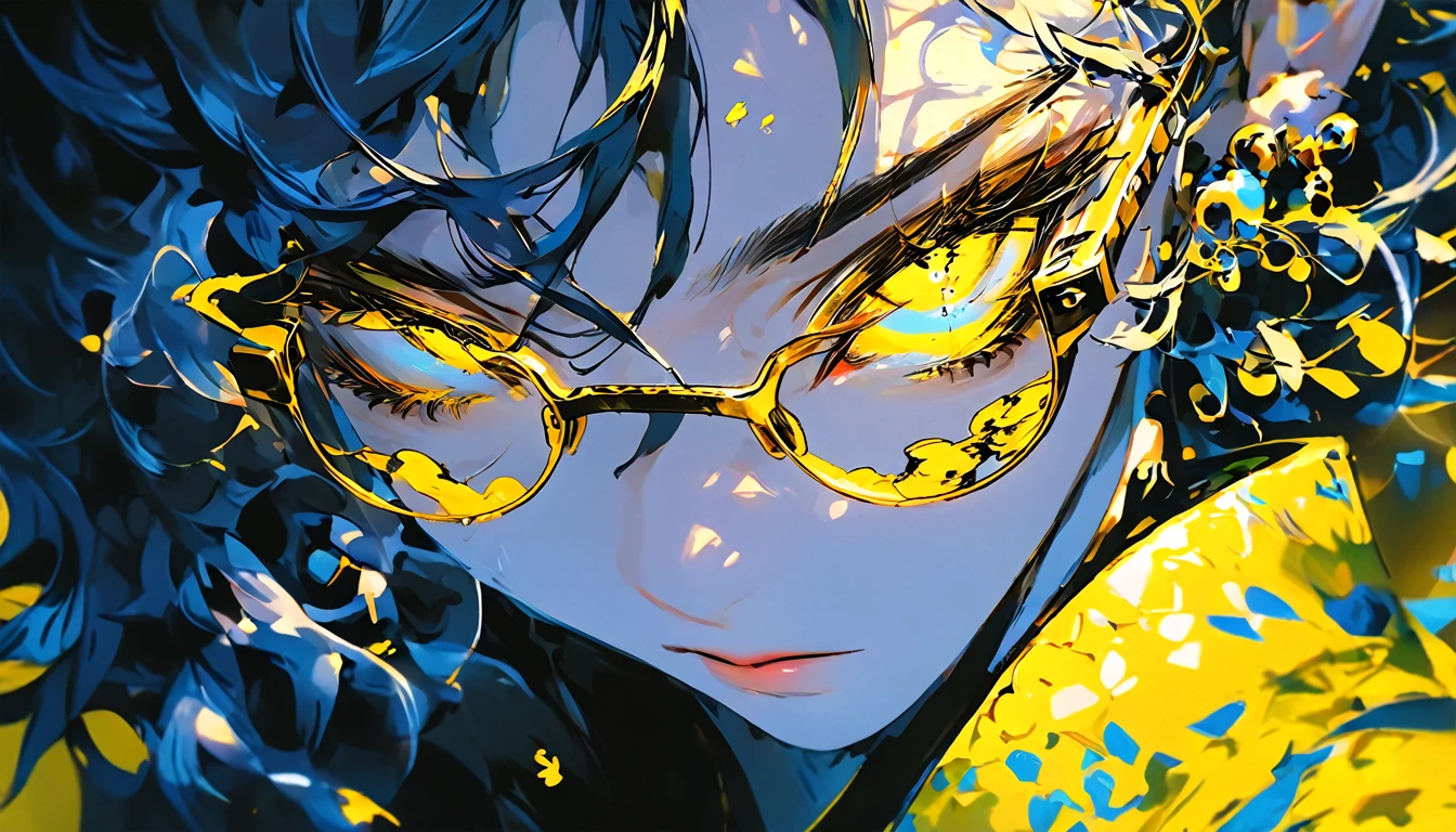  anime girl with sunglasses in her hair,  Guweiz style artwork ,  digital illustration style ,  animation style  일러스트,  animation style  4k, Yellow eyed , with glowing eyes,  animation style . 8k, author：heroes,   Persona 5 art style WLOP  ,  Morning City ,  Very Detailed ,  surreal , 8k