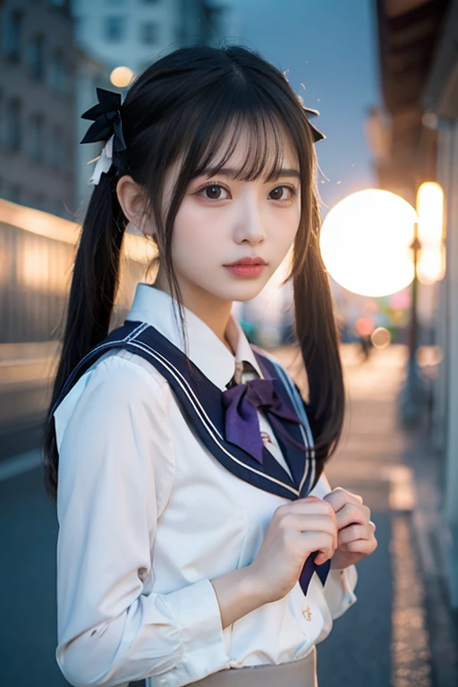 top-quality、​masterpiece、  ultra high resolution 、( photorealistic:1.4)、 RAW Photos、 Detailed CG Image Quality 、 cyberpunk、Beautiful Face、 one girl、 , (Twin tails black hair:1.4), (white ribbon to stop hair ), ( platinum silver accessory:1.4)、(  white school uniform :1.4)、( Thin Waist )、( purple eyes:1.3), (Sparkling Eyes), (Mystical Powers:1.2), ( intense arc emanating from fingers :1.4). Detailed portrait、8K quality、  bright color 、 Concept Art、 Cinematic Dramatic Atmosphere 、 clear focus 、 Volumetric Lighting、Cinematic lighting、Get studio quality、( night city)、 depth of field 、 ambient lighting 、 blurry foreground 、Blurred Background:1.3、(Blue summer sky:1.4), (Midsummer Sun:1.4),