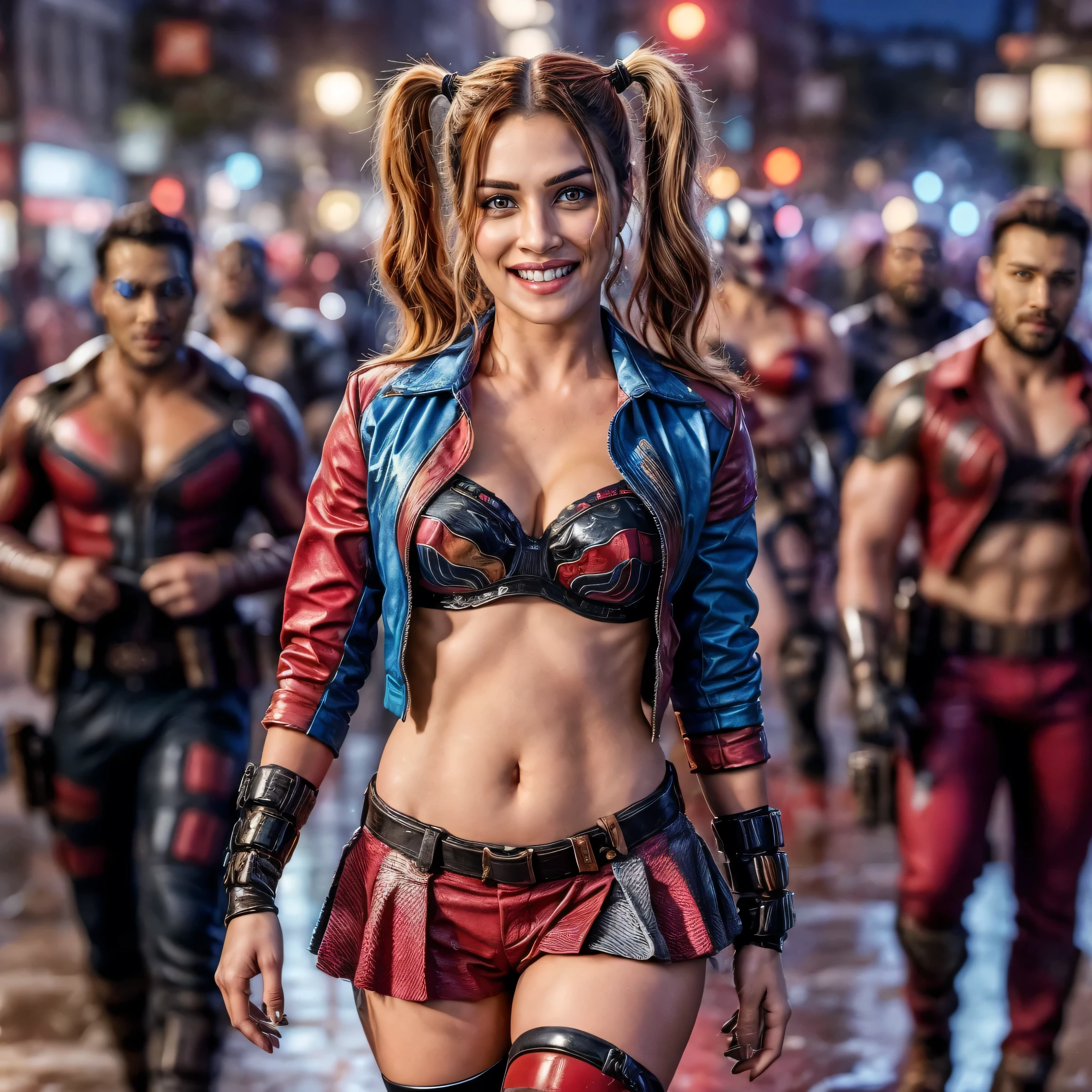 Masterpiece, best quality, Sarah Shahi, particles,, perfect detailed eyes,Margot Robbie as Suicide Squad Harley Quinn walking across a street on a rainy night