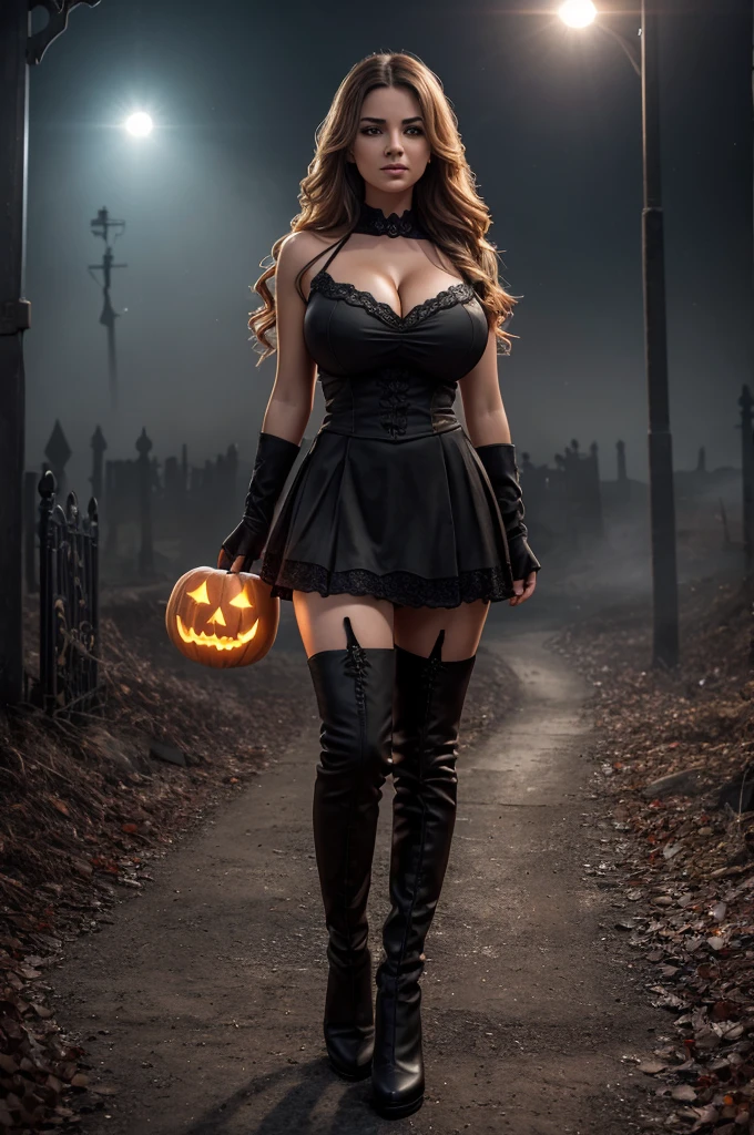 Hyperrealistic, [full body 1.5],  full body photo , of an incredibly beautiful woman without makeup, olhos EXTREMELY DETAILEDs, Detailed symmetrical realistic face, extremely detailed natural texture, peach fluff, sleeveless witch outfit with deep plunge neckline and short skirt, huge cleavage, stockings, thigh-high boots,  (extremely big breasts), pumpkins with evil faces carved into them glowing, mist along the ground, on a dark night, night, black sky showing stars, ghostly figures in the distance, outside in a cold dark graveyard with mist and fog, lots of glowing evil pumpkims, red evil eyes in the shadows, master part, Absurd, award-winning photo by lee jeffries, Nikon D850 Stock Film Photography, Kodak Portra 400 camera f1.6 lenses, EXTREMELY DETAILED, fine details, rich colors, hyper realistic texture, dramatic lighting, UnrealEngine, trending on ArtStation, cinestill 800 tungsten, Looking at the Viewer, Realistic photo, Foto RAW , TanvirTamim,  high quality rouás, high resolution, sharp focus, EXTREMELY DETAILED, Cinematic lighting,  Introduce a subtle flare lens effect to add a touch of realism and atmosphere to the scene, vibrant tones, Intricate art, 8K UHD,