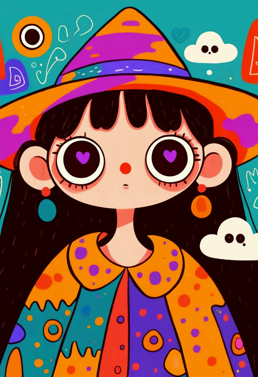 Flat wind，vector， childish art cartoon ，cute girl wearing a witch hat,Big eyes，Round eyes，Red Nose， Lovely Expressions ，Minimalism，Lovely art style,  colorful ! Digital illustration style, The Art of Mathematics. 