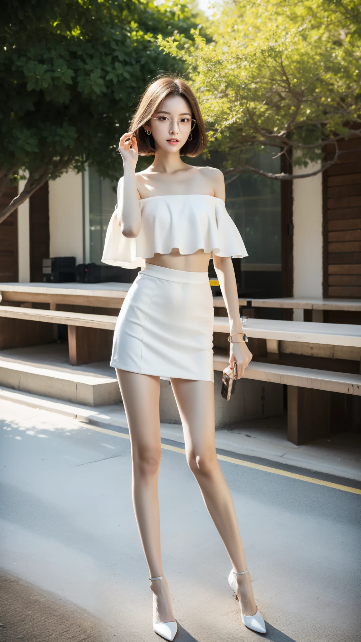 super sharp resolution,Young girl,Big glasses,Off-the-shoulder short hair ,Light hair color,Earrings, clear eyes ,No makeup,Lip Gloss,Perfect face,Fair skin,Perfect breasts,C cup breasts,Long and slender legs,Very long legs,Sexy loose deep V top,Office Miniskirt,shoe,Empty outdoors