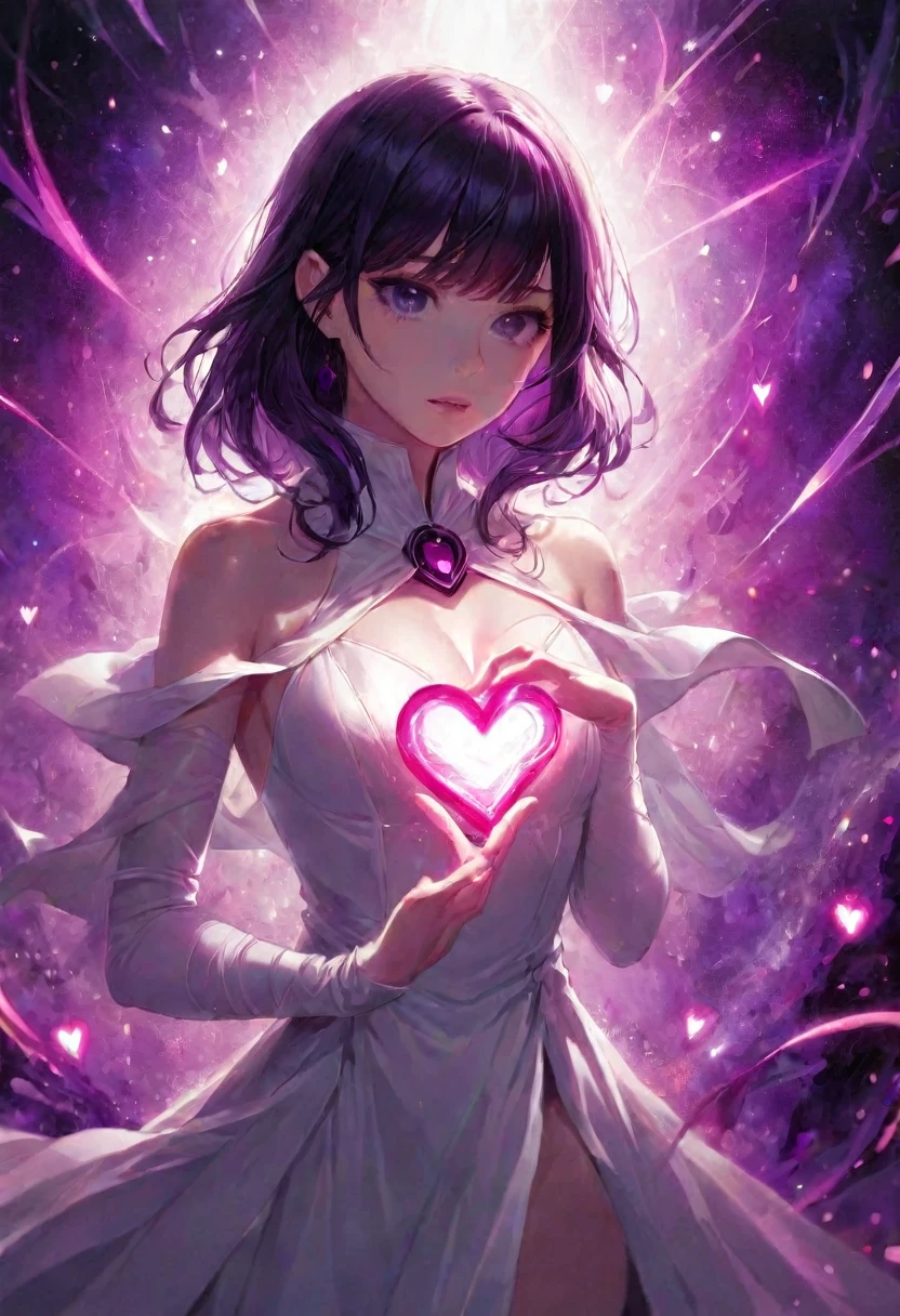  a woman in a white dress holding a heart-shaped light,  Artgerm Julie Bell Beeple ,  Trends in CggSociety ,  EXTRA DETAILED ART GUM , Art Jam and Wallop, Ally falls 、 Art Germ ,  Neo Artcore and Charlie Bowwater , artgerm details,  Graphic artist Magali Villeneuve、 The background is the mystery of the universe 、Purple base