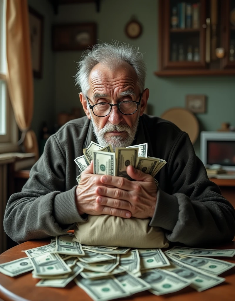  close-up,Photographic style,many details,8k rendering,  in a simple room in their house with old worn out furniture ,with old appliances ,  with a window covered with thick curtains ,  is sitting at a round kitchen table  ( old wrinkled lisho , gray, rugged sparse hair ,  glasses dripping down , a crazy look and looks at the table with a lot of money ( dollars paper )  and he hugs them with both hands ,  focus on money and the old man ,(( the old man with both hands hugs a lot of money in packs and not only those lying in front of him on the table)),((hugs bundles of money in front of him ))