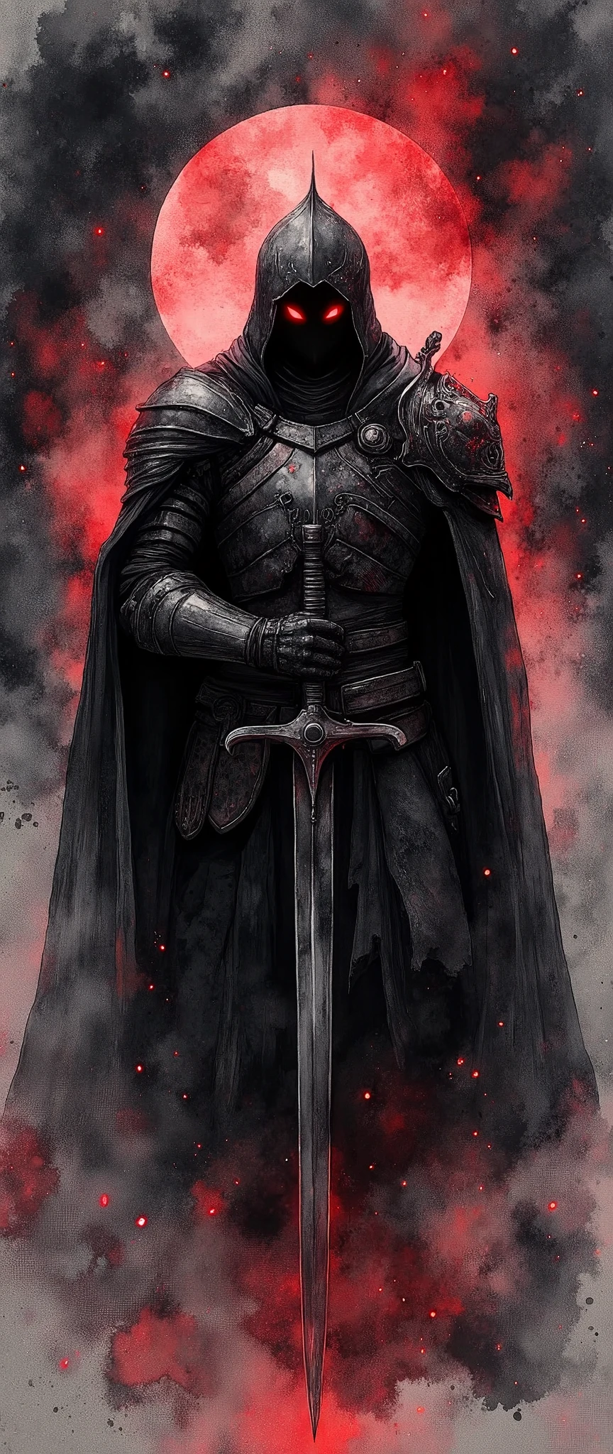 (masterpiece:1.2,Exceptional Quality,Mirror-like, Cinematic Experience , best illustration ,Super detailed),8k,,wallpaper( Dark Soul Style ),(Watercolor),(The Dark Knight),Dark Sword ,, Dark Shield ,Dark Armor,(Red glowing eyes:2.0),(1 person),( The background is a beautiful gradation of black, gray, and red),Dark castle background