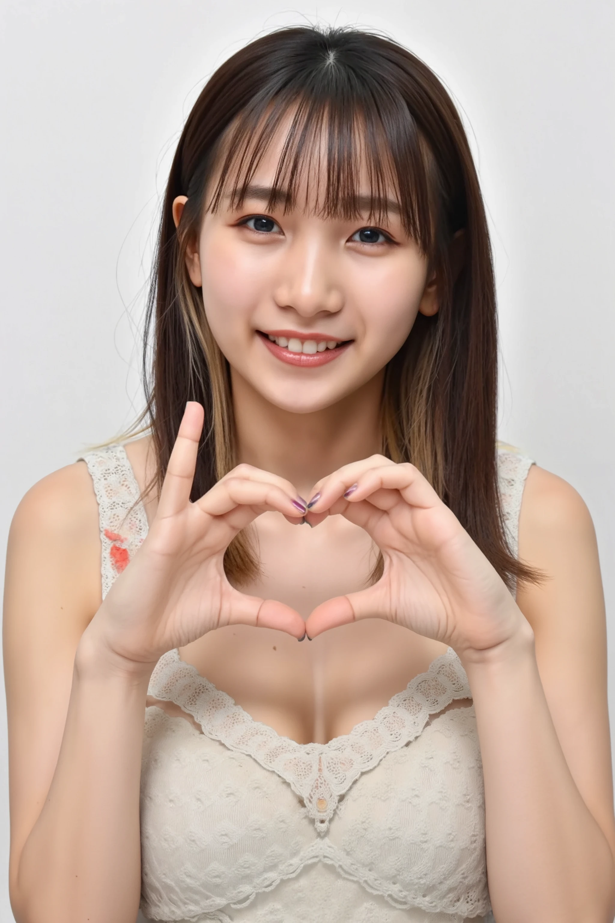 She is in a pose wearing a sexy camisole, making a firm big heart shape with both hands, and holding it in front of her chest, Cute smile up

